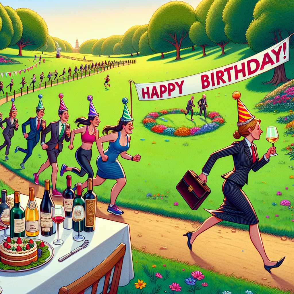 A festive and lighthearted birthday-themed illustration taking place in a scenic park. Enthusiastic participants wearing festive hats are seen jogging along a serpentine path that traverses lush green lawns adorned with vivid wildflowers. In the distant background, there is a picnic table gracefully arranged with a variety of wine bottles and elegant glasses, suggesting a post-run celebration. A banner suspended between two trees exclaims 'Happy Birthday!' in bold letters. Off to one side, a Middle-Eastern female character dressed in a professional solicitor's outfit, complete with a briefcase and formal clothes, humorously tries to match the pace of the runners, encapsulating the inclusive and jubilant nature of the event.
Generated with these themes: Park run, Wine, and Solicitor.
Made with ❤️ by AI.