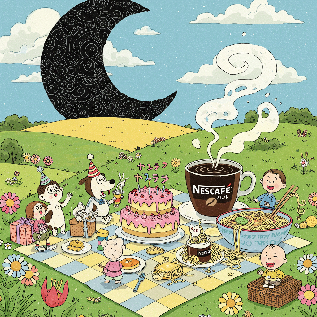 **Front Cover Illustration:**

**Background:**
- A vibrant, rolling landscape stretches out across the page, reminiscent of Charles Schulz’s gentle hills but infused with the bold color palette of a Bill Watterson Sunday strip. The hills are dotted with oversized flowers of every hue, reminiscent of a whimsical garden.
- In the sky, a giant, black crescent moon hovers with intricate, swirling patterns etched across its surface, echoing a manga style from Osamu Tezuka.

**Main Scene:**
- In the foreground, a cartoonish birthday picnic is set up on a hill. A large, checkered blanket in alternating pastel blues and yellows covers the grass.
- At the center of the picnic, a towering birthday cake with exaggerated layers, dripping with bright pink icing, stands proudly. The words "بسنت" are skillfully written in the icing on the topmost tier.
- A steaming, oversized cup of Nescafe sits to the right of the cake, with exaggerated tendrils of steam curling whimsically into the air, reminiscent of Hergé's clear, clean lines.
- Next to the coffee, an enormous bowl of noodles, inspired by R. Crumb’s detailed approach, spills over with noodles looping and tangling humorously, looking almost alive as they interact with other objects on the blanket.

**Characters:**
- A cast of quirky cartoon animals and characters, echoing the light-hearted spirit of Gary Larson’s The Far Side, gather around the blanket. They have exaggerated features, such as large eyes and comically oversized hands or feet.
- A goofy cartoon dog with spots, similar to a Walt Disney character, tries to balance a noodle on its nose.
- A small, round-faced child with a broad grin, in the style of Will Eisner, clutches a steaming mug of Nescafe, looking delighted.

**Details:**
- In the sky, amongst fluffy, candy-colored clouds, a flock of cartoon birds with expressive eyes (a nod to Winsor McCay's intricate style) fly joyfully around the black moon.
- A colorful banner strung between two poles on the far side of the picnic reads, in cheerful, bubble letters: "Happy Birthday!"

This scene encapsulates the playful spirit of birthdays, with an imaginative blend of everyday objects turned into something fantastical, inspired by a range of cartoon art styles.
Generated with these themes: Beautiful scenery, Nescafe, Noodles, and Black moon.
Made with ❤️ by AI.