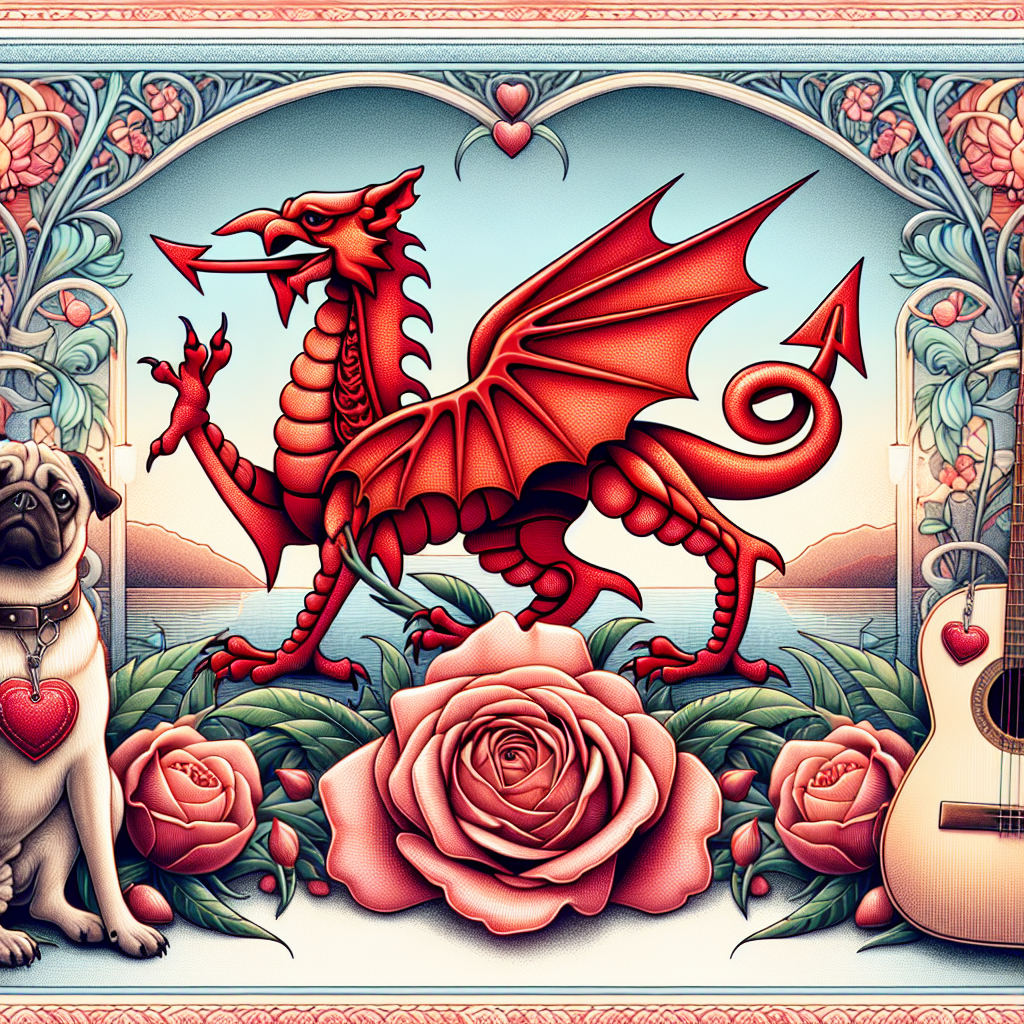 Design a whimsical anniversary image which includes the vibrant red Welsh dragon intricately wrapped around the delicate Lancashire rose. Place this image against a background that resembles the picturesque landscape of Wales, incorporating subtle elements of historical elegance through the inclusion of stained glass aesthetics. In the foreground are two pugs, adorned with heart-shaped tags, huddled together in a pose that represents affection and intimacy. Musical themes are subtly integrated throughout the scene, particularly with a gracefully drawn guitar, its strings appearing to vibrate with the melody of a timeless love ballad.
Generated with these themes: Welsh dragon , Wales , Red dragon , Lancashire rose , Stained glass , Guitar , Music , Pug , Heart , and Love .
Made with ❤️ by AI.