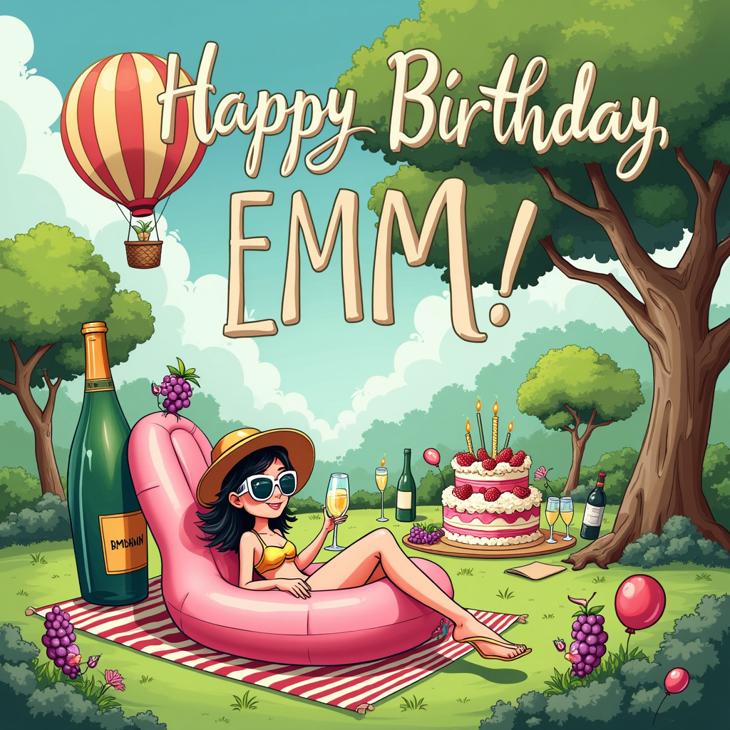 The front cover of the birthday card features a vibrant and whimsical scene set in a lush, sun-drenched park. The central figure is Emma, reclining on an oversized, plush, pink pool float shaped like a champagne bottle. She’s wearing a floppy sunhat and oversized sunglasses that reflect the sparkling sky, and she's holding a glass of bubbly champagne, complete with a strawberry garnish.

To the left of Emma, there’s a giant, anthropomorphic wine bottle wearing sunglasses and lounging on a striped beach towel. The wine bottle has a cheeky grin and is holding a glass of wine up as if toasting to Emma. Surrounding the wine bottle, a couple of cheeky grapes are dancing, holding tiny cocktail umbrellas.

Above Emma, in the sky, fluffy clouds have formed the words "Happy Birthday, Emma!" in a delightful and whimsical font. A colorful hot air balloon floats nearby, with a basket that resembles a champagne cork, adding to the celebratory atmosphere. 

In the background, a group of partygoers can be seen under a shady tree, clinking glasses of champagne and wine, and sharing a large, multi-layered birthday cake. The cake is decorated with candles and topped with a sparkling champagne bottle-shaped candle.

To add an extra layer of charm, there are a few birds perched on the branches of nearby trees, wearing tiny party hats and chirping in sync with the celebration. Balloons in the shape of champagne bottles and wine glasses are tethered to the tree trunks, swaying gently in the summer breeze.

Each element in this scene is drawn with a quirky, cartoonish flair reminiscent of the classic styles of Schulz, Watterson, and Larson, ensuring the card is both visually captivating and humorously engaging.
Generated with these themes: Champagne , Wine, and Lying in the sun drinking champagne .
Made with ❤️ by AI.