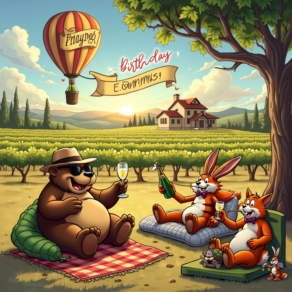In a lively, sun-drenched vineyard, cartoon characters embodying the whimsical styles of classic artists like Schulz and Larson frolic in celebration. Picture a wide, golden field of grapevines stretching into the horizon, with a grandiose, rustic winery building in the background. Near the foreground, a happy, slightly tipsy group of anthropomorphic animals – think of the delightful charm of Disney’s characters with a twist of Watterson’s humor – are having a jubilant picnic. 

In the center of the scene, a sophisticated but humorously exaggeratedly plump bear, wearing oversized sunglasses and a floppy hat, lounges on a checkered picnic blanket. The bear is propped up on a pillow made of grape leaves and is holding a crystal champagne flute. Next to the bear, a rabbit with a bow tie and a monocle – exuding the quirky class of R. Crumb’s characters – is pouring champagne from a bottle comically larger than itself.

To the right, a mischievous fox, reminiscent of the cheeky characters in Calvin and Hobbes, is lying on a sun lounger with a bottle of wine balanced on its stomach, sipping through a ridiculously long straw. Above them, a colorful hot air balloon shaped like a champagne bottle is floating in the sky, trailing a banner behind it. The banner joyously reads, "Happy Birthday Emma!" in bubbly, elegant letters that seem to sparkle like champagne.

On the left, a group of smaller animals – a turtle, a mouse, and a bird, each with exaggerated features and expressive faces like those in a Gary Larson cartoon – are engaged in a playful toast. They clink their miniature glasses with a loud “CHEERS!” emblazoned in comic book-style text above them. 

In the background, the sun is setting, casting a warm, golden glow across the vineyard, and the sky is filled with fluffy clouds. Some clouds are whimsically shaped like champagne corks popping. Nestled in the clouds, written in grapevine tendrils, is another cheerful message, "Emma’s Vineyard Birthday Bash!"

The scene is detailed and bustling with fun, capturing the joyous spirit of a birthday celebration with a clever and humorous twist, all while incorporating the themes of champagne, wine, and lounging in the sun.
Generated with these themes: Champagne , Wine, and Lying in the sun drinking champagne .
Made with ❤️ by AI.
