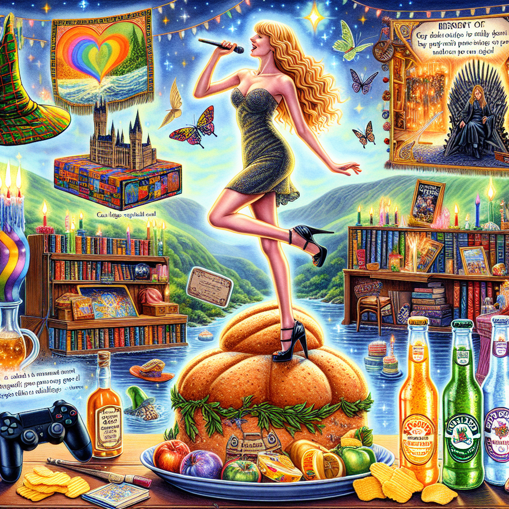 A vibrant and picturesque birthday celebration unfolds. In the center of this idyllic scene is a woman -- possessing long, blonde hair and a slender build -- standing atop an intricately decorated loaf of bread, belting out a melodious tune. To the side, an enchanting area dedicated to a magical world: there are spellbooks, a sorting hat, and other magical paraphernalia. A mini library devoted to gay romance novels provides a backdrop of inclusivity with narratives full of love and acceptance. There's a section that reeks Scottish culture - bottles of zingy ginger flavored soda and a variety of potato chips. A sophisticated gaming console, indicative of modern technology, offers a contrast, promising adrenaline-fueled gaming adventure while surrounded by the throwback setup.
Generated with these themes: Taylor Swift performing on a loaf of bread, Harry Potter , Gay romance novels, Irn bru, Crisps, and PS5.
Made with ❤️ by AI.