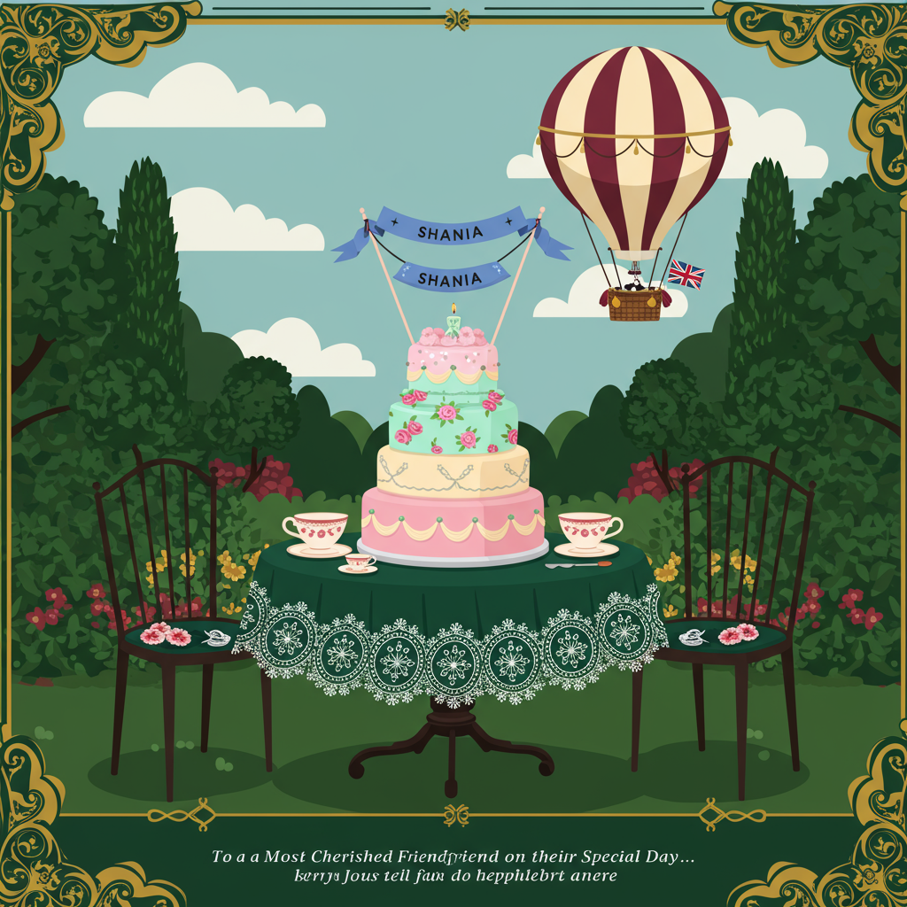 In the foreground, imagine a grand, Victorian-inspired garden party set up for a birthday celebration. At the center, a round table draped with a deep green tablecloth is adorned with intricate lace patterns, characteristic of the Victorian era. Upon this table sits a towering, multi-tiered birthday cake, each layer decorated with delicate piping resembling classic British floral wallpaper, in pastel hues of pink, lavender, and mint green.

Perched gracefully atop the cake, a miniature banner stretches across two small, gold-tipped poles. In elegant, serif typeface, the name "Shania" is prominently displayed on the banner in royal blue, harmonizing with the cake's soft color palette.

In the background, a lush garden scene unfolds. Tall, stylized topiary sculptures shaped like teapots and teacups, a nod to the British tea culture, are neatly trimmed and positioned symmetrically on either side of the scene. These are illustrated in flat shades of rich emerald green, with crisp white highlights defining their curves and contours.

Above, a pale blue sky stretches wide with simplified, vector-style clouds dotting the expanse. A Victorian hot air balloon floats lazily to the right, with panels painted in alternating stripes of cream and burgundy. It carries a wicker basket with a small Union Jack flag waving gently.

The border of the card incorporates a classic, ornate Victorian frame design in gold, framing the scene with an air of elegance. The frame itself is flat and detailed, with repeating scroll and leaf patterns. At the bottom, in a clean, sans-serif font, a lengthy birthday message is scripted, starting with "To a Most Cherished Friend on Their Special Day..." and continuing in similar decorative language across the width, aligned perfectly within the frame.

The overall composition utilizes a clean vector style, emphasizing flat shapes and crisp lines, staying true to the inspirations of artists like Malika Favre and Patrick Seymour.
Generated with these themes: British victorian style, Long birthday message for a friend, and Garden.
Made with ❤️ by AI.
