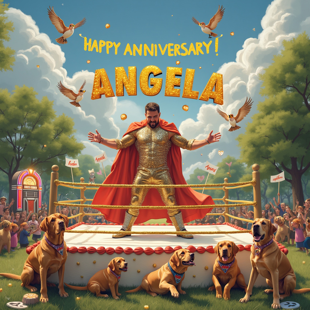 On the front of the anniversary greeting card, imagine a vibrant and hilarious wrestling ring in the middle of a lush, green park. The ring ropes are sparkling gold, glistening under a clear blue sky with fluffy clouds. In the center of the ring, there stands none other than George Michael, dressed in an extravagant, sequined wrestling outfit, complete with knee-high boots and a flashy cape. He is playfully grappling with a fox-red Labrador dog who is wearing a tiny wrestler's mask and a matching cape that reads "Happy Anniversary, Angela!" in sparkling letters.

Around the ring, there are more fox-red Labrador dogs, cheering with little paw-made banners that spell out "Angela" in bold, colorful letters. Some of the dogs are even standing on their hind legs, holding signs that have cute drawings of hearts and paw prints on them. 

The backdrop features a massive birthday cake, as tall as a person, with "Happy Anniversary, Angela!" written in icing on the top layer. The cake is surrounded by an array of musical instruments – guitars, keyboards, and microphones – all hinting at George Michael's musical legacy. To the left, you can see a jukebox, with colorful lights flashing around its edges, playing "Faith" by George Michael.

In the sky above, a squadron of little, fluffy clouds has arranged themselves to spell out "Angela" in a whimsical, almost cartoonish script, as if the heavens themselves are celebrating this special day. There are also birds wearing tiny wrestling masks soaring through the air, adding a final touch of playful fantasy to the scene.

All these elements come together to create an amusing and heartwarming anniversary card cover that uniquely blends the themes of George Michael, wrestling, and fox-red Labrador dogs while celebrating Angela’s special day.
Generated with these themes: George Michael, Wrestling, and Fox-red Labrador dogs .
Made with ❤️ by AI.