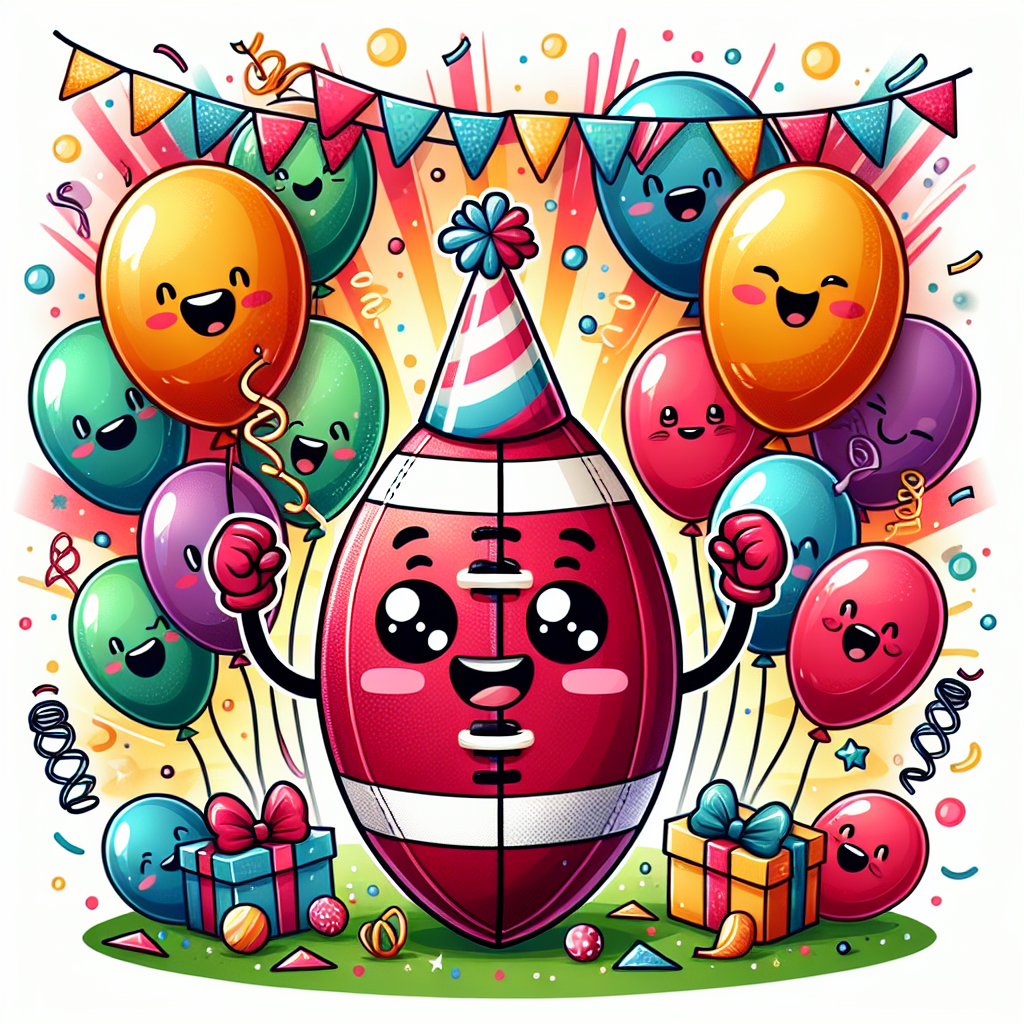 Design a vibrant illustration representing a birthday celebration. In the center of the scenario, locate a joyful crimson-colored football wearing an endearing party hat. The surrounding area should be filled with an array of multicolored balloons, with some of them showcasing a selection of charming faces doodled on them. The backdrop is intended to be a merry blast of party streamers and confetti, creating the perfect ambiance for a lively birthday party.
Generated with these themes: Red, Football, Party, and Balloons.
Made with ❤️ by AI.