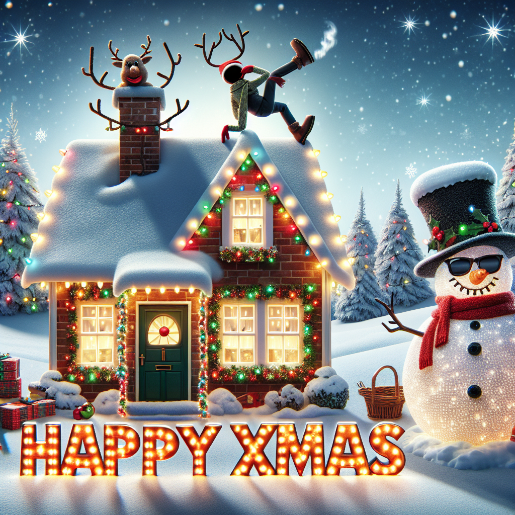 A whimsical nHouse decked out with twinkling Christmas lights, a snowman with a funny top hat smiling beside it. Santa Claus is stuck humorously in the chimney, legs flailing, while reindeer peek from behind the house, sporting sunglasses. The bold 'Happy Xmas' text overlays the snowy roof, adding a festive touch.
Generated with these themes: nHouse.
Made with ❤️ by AI.
