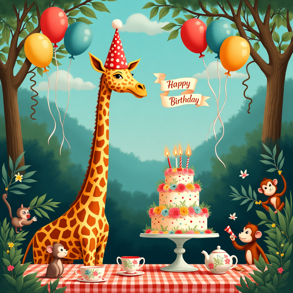 Front and center, there's a tall, elegantly elongated giraffe with a party hat perched slightly askew on its head, showcasing its quirky character. The party hat is bright red with a white pom-pom at the top, adorned with bold, multi-colored polka dots. The giraffe's neck gracefully winds across the card, giving a sense of playful movement and leading the viewer's eye from top to bottom.

Around the giraffe, small, detailed balloons in a rainbow of colors - vibrant blues, greens, reds, and yellows - float upward, each tied with delicate, curling strings. The balloons are illustrated with cross-hatching techniques reminiscent of Aubrey Beardsley's work, adding a layer of texture and depth.

To the right of the giraffe, a large, ornate cake stand holds a tiered birthday cake, each layer adorned with intricate floral patterns that would make Beatrix Potter proud. The cake is topped with tiny, flickering candles and a cascade of icing that looks almost too good to be true, with pastel hues of pink and mint green.

The background is a detailed jungle scene inspired by Maurice Sendak's whimsical landscapes, with lush foliage and twisting vines that create a dense, enchanting backdrop. Interspersed among the leaves are small woodland creatures peeking out—squirrels, birds, and a cheeky monkey holding a party horn, bringing a touch of humor to the scene.

In the foreground, an ornate, slightly weathered picnic table crafted in the style of Arthur Rackham, covered with a checkered tablecloth in vivid red and white, holds a collection of mismatched teacups and a teapot with a floral design that would make N.C. Wyeth smile.

The sky above is a dreamy Maxfield Parrish-esque blue, with fluffy clouds tinged with hints of golden sunlight. Just above the giraffe's head, a banner unfurls, reading "Happy Birthday" in an elegant, swirling script, reminiscent of Gustave Doré's elaborate lettering.

This card is a lively, colorful tapestry of birthday celebration, combining elements of humor and detailed artistry, inviting the viewer to linger over every detail in the scene.
Generated with these themes: Giraffe.
Made with ❤️ by AI.