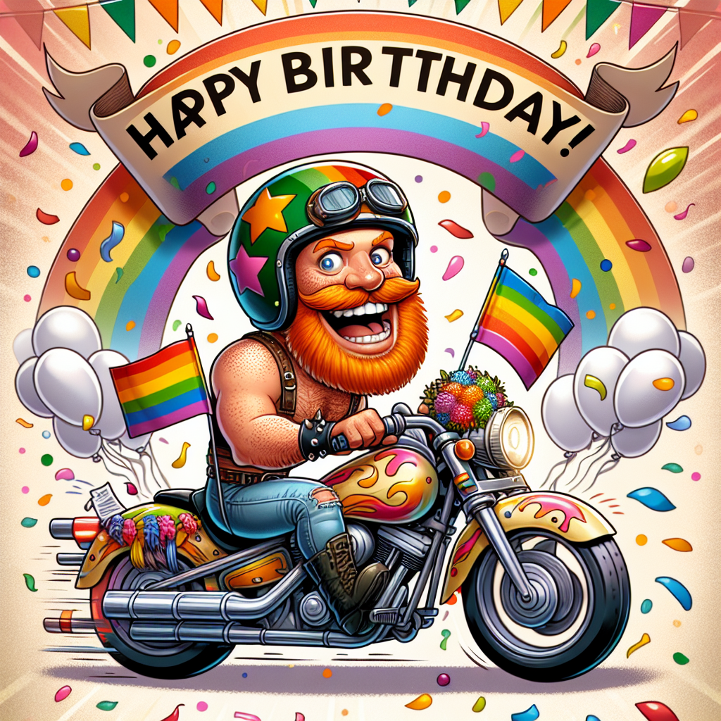 A humorous birthday-themed illustration presents a lively ginger man of Caucasian descent, with a mischievous smile, riding an ostentatiously decorated motorbike adorned with rainbow flags, expressing gay pride. He wears a helmet topped with a playful, cartoonish design, symbolizing a cheerful nod to his personality. The backdrop erupts with a riot of multi-colored confetti and birthday wishes, contributing to the overall festive atmosphere of the scene.
Generated with these themes: Penis , Gay, Ginger man , and Motorbike .
Made with ❤️ by AI.