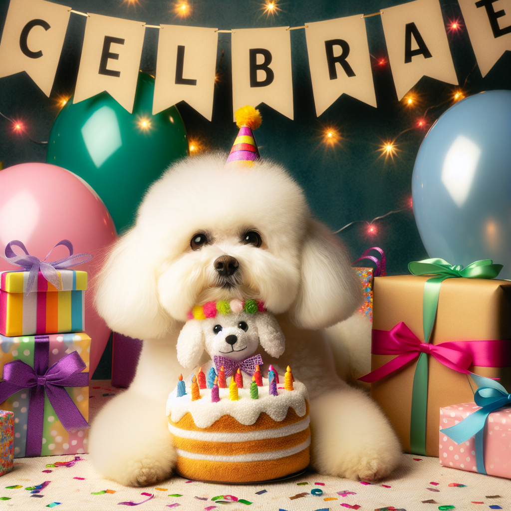 An endearing Bichon Frise in the illustration cuddles a plush toy shaped like a birthday cake. Party hats, gifts, and a banner reading 'Celebrate' fill the background, enhancing the birthday vibe.
Generated with these themes: Bichon frise .
Made with ❤️ by AI.