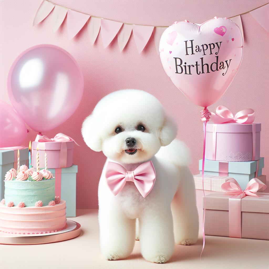 A pastel-themed birthday scene shows a Bichon Frise wearing a pink bow tie, holding a balloon with its mouth. The balloon is shaped like a heart, with the words 'Happy Birthday' written on it, set against a background of soft, pink birthday cakes and gifts.
Generated with these themes: Bichon frise .
Made with ❤️ by AI.