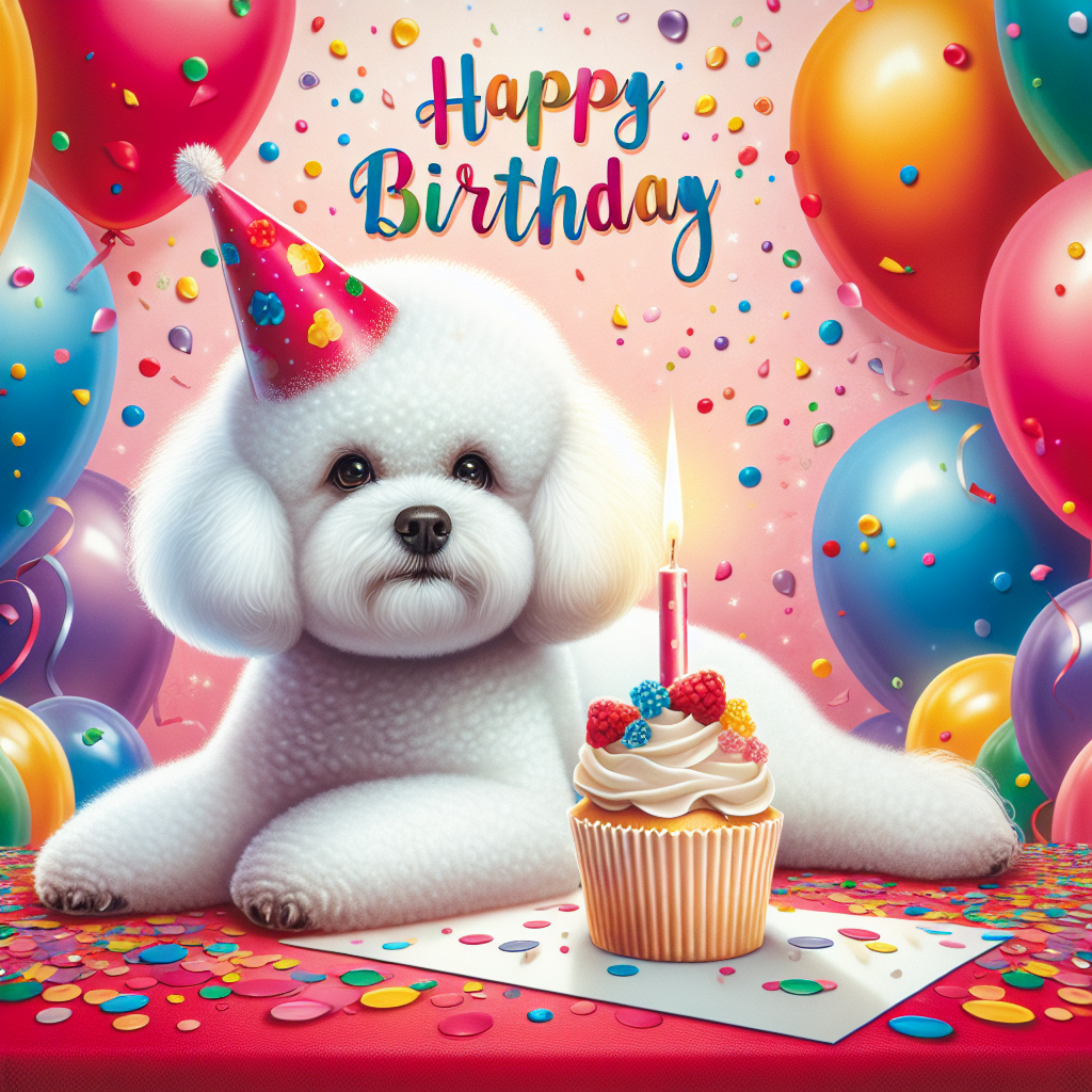 A vibrant birthday card is adorned with balloons and confetti scattered in the background. At the center, a fluffy Bichon Frise, with a party hat on its head, sits beside a cupcake topped with a single lit candle.
Generated with these themes: Bichon frise .
Made with ❤️ by AI.