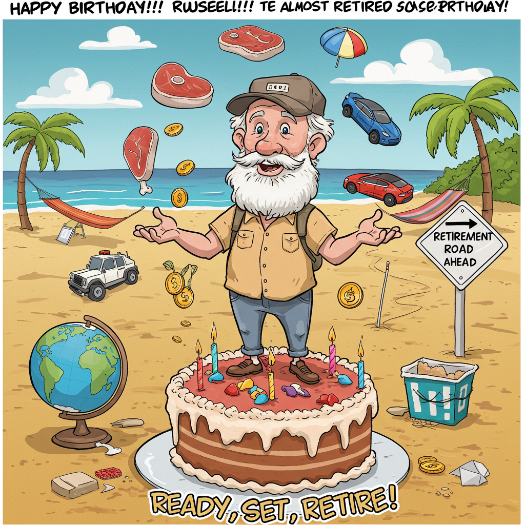 At the top of the Cartoon Style image, include the text: "Happy Birthday Russell!! The almost retired birthday."

**Image Prompt:** 

Create a playful cartoon scene of an older man, Russell, with a gleaming white beard and slightly exaggerated features, dressed in a casual travel outfit. He's humorously juggling an eclectic mix of items: a spinning globe, a sizzling steak, an indy car toy, a handful of coins, and a small toy Tesla car, all while standing on a giant birthday cake. In the background, a "Retirement Road Ahead" sign is visible, pointing to a sandy beach destination with a hammock swaying between two palm trees. Bright, vibrant colors and thick, bold outlines bring the scene to life, capturing the joyous chaos of a birthday adventure. 

Add a cheeky caption at the bottom: "Ready, Set, Retire!"
Generated with these themes: Travel, food, indy car, coins, tesla, retirement, and .
Made with ❤️ by AI.