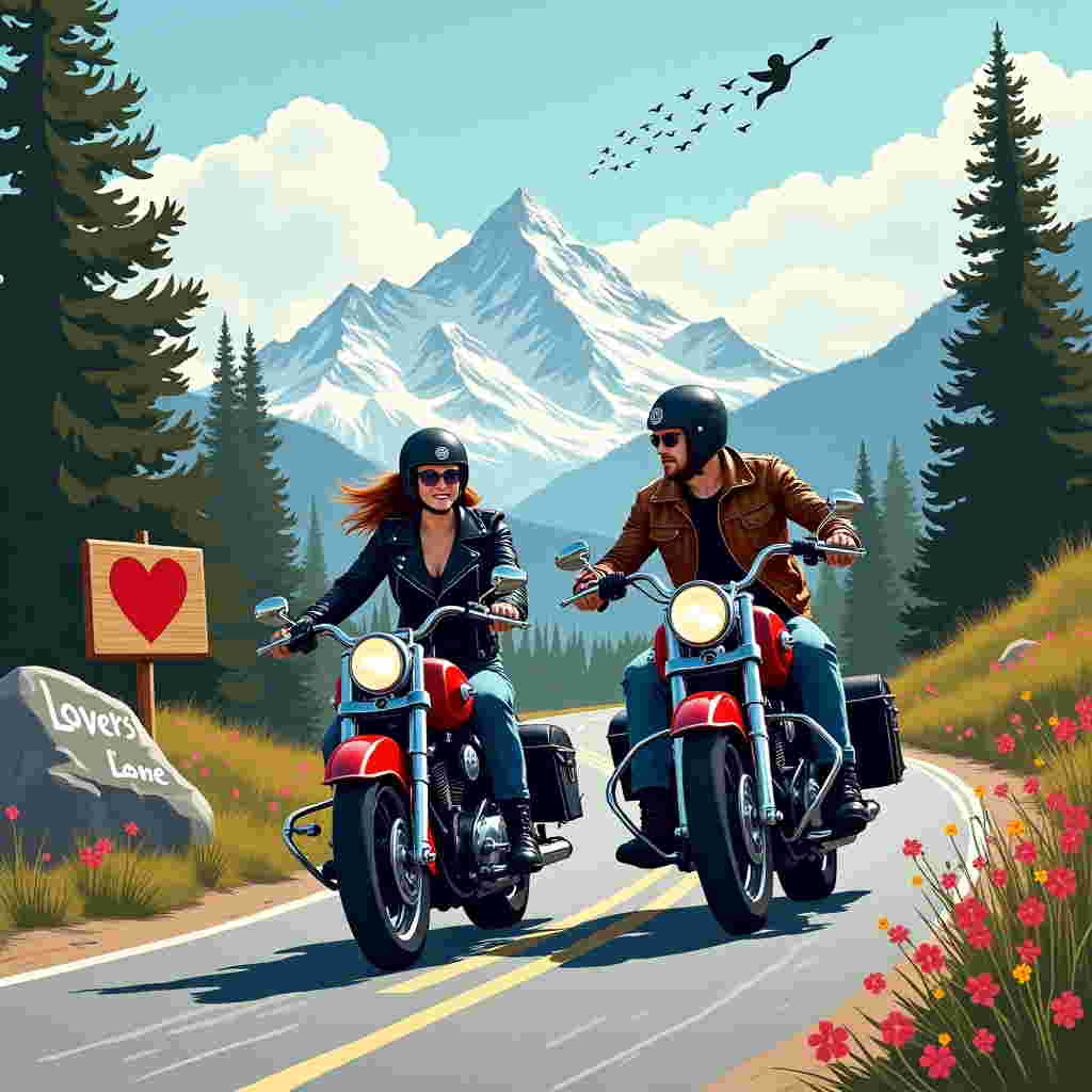 **Front Cover Design: Valentine's Day Greeting Card**

**Scene Description:**

A couple, each on a Harley Davidson motorcycle, are cruising along a winding mountain road. The motorcycles are classic and gleaming, with chrome details reflecting the bright midday sun. The road is flanked by towering pine trees, their deep green needles contrasting against the pale blue sky. Snow-capped peaks rise majestically in the background, their white tips glistening in the sunlight.

**Couple's Details:**
- The woman is on the left, riding a cherry red Harley Davidson with custom black leather saddlebags. She sports a sleek, black leather jacket with silver studs, matching helmet, and aviator sunglasses. Her hair is visible beneath the helmet, with strands playfully trailing in the wind.
- The man on the right rides a matte black Harley Davidson with flame decals on the sides. His helmet is decorated with a skull emblem. He wears a rugged brown leather jacket, faded jeans, and sturdy black boots.

**Foreground Elements:**
- A wooden road sign on the left side of the road reads "Lovers' Lane," with a red heart painted next to the text.
- A large rock beside the road displays graffiti art of a cupid aiming its bow, with an arrow pointing toward the couple.

**Background Elements:**
- The expansive sky is dotted with fluffy white clouds, and nestled among them is a single cloud creatively shaped like the word "Johnny."
- A group of wildflowers with vibrant reds, yellows, and purples grows beside the road, adding a pop of color to the scene.
- In the distance, a flock of birds forms a gentle arc across the sky.

The overall composition captures the thrill of adventure, with the Harley Davidsons leading the eye into the heart of the mountains, a celebration of love and freedom intertwined with nature's grandeur.
Generated with these themes: Couple riding harley davidsons in the mountains.
Made with ❤️ by AI.