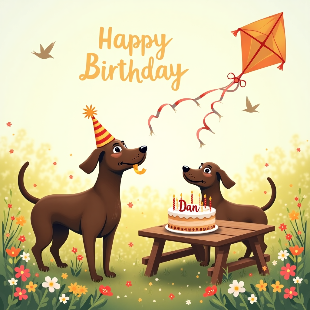 In the whimsical scene for Dan's birthday card, imagine a quaint countryside meadow bathed in the soft glow of a late afternoon sun. The meadow is filled with vibrant wildflowers, their delicate petals waving gently in a light breeze. Center stage are two playful brown short-haired German pointers, each with a mischievous twinkle in their eyes and tails wagging energetically. One dog is holding a party hat askew on its head, the other has a long party streamer in its mouth, trailing behind like a colorful ribbon. A little way behind them, a charming wooden picnic table is set up, adorned with a delightful birthday cake. This cake is a layered masterpiece, whimsically decorated with fondant dog bones and paw prints. Atop the cake, nestled among the candles, is the carefully iced message: "Happy Birthday Dan!" adding a festive flair. To the right, a vintage-inspired kite soars high in the sky, tethered to the hands of an invisible kite flyer, its tail spelling out "Dan" in bold, fluttering letters. In the background, a small flock of whimsical birds flits across the horizon, their paths forming looping letters in the sky that joyfully spell out "Happy Birthday." All these elements, rich in detail and character, come together to tell a lighthearted, festive tale of celebration, perfectly tailored for Dan's special day.
Generated with these themes: Brown short haired German pointer , and Brown short haired German pointer.
Made with ❤️ by AI.