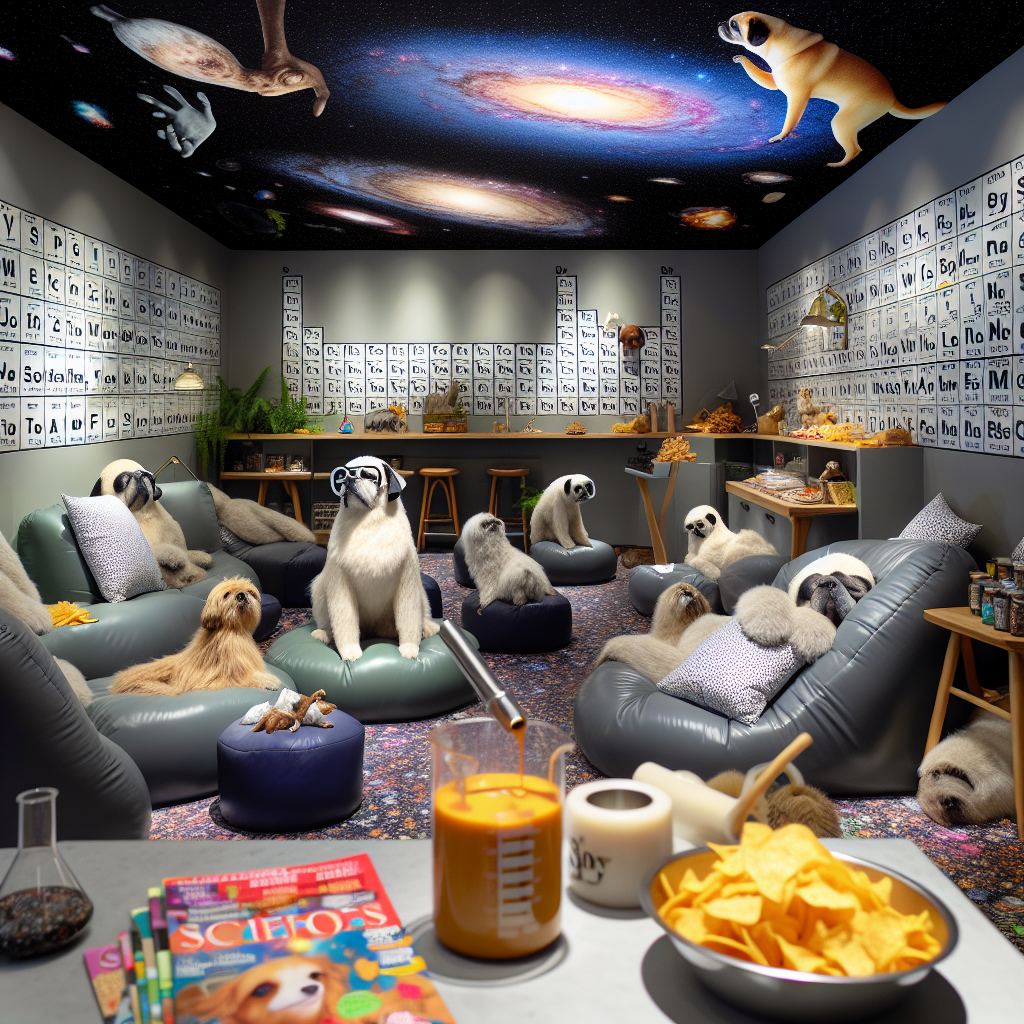 Visualize a room that combines reality and fantasy in a unique way. There, life-sized dog figures dressed as astronomers look into telescopes at projected galaxies on the ceiling. The snack area pays a whimsical homage to science and comfort food, featuring a periodic table where each element represents a unique variety of chip. Each of these chips is paired with a scientific beaker full of warm cheese sauce. Around the room, comfortable reading corners are spread out, furnished with cushions in the shape of sloths and piles of diverse science magazines. These corners provide a comfortable escape for individuals wishing to read while enjoying the festive environment.
Generated with these themes: Science, Dogs, Chips and cheese, Magazines, Sloths, Reading, and Glasses.
Made with ❤️ by AI.