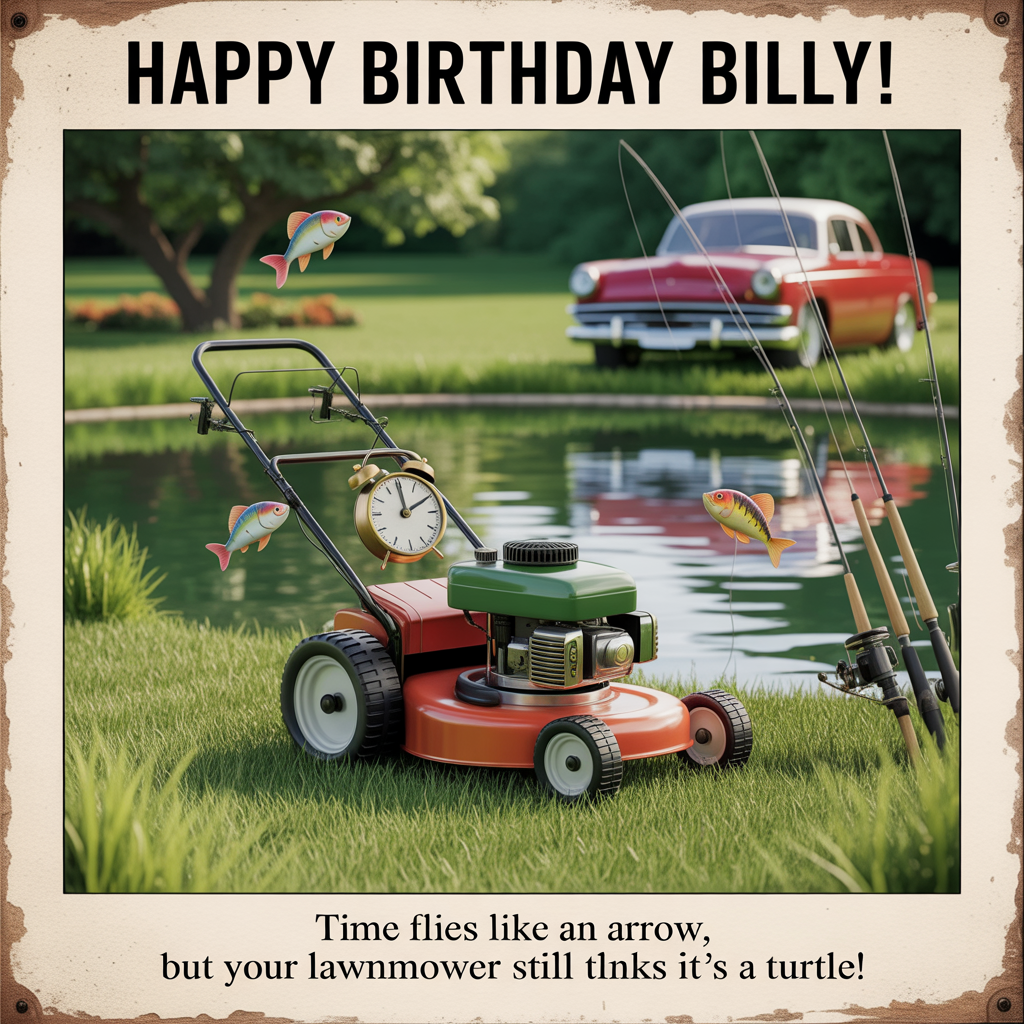 Cars, Fishing, Mowing, Clocks, and Birthday Card