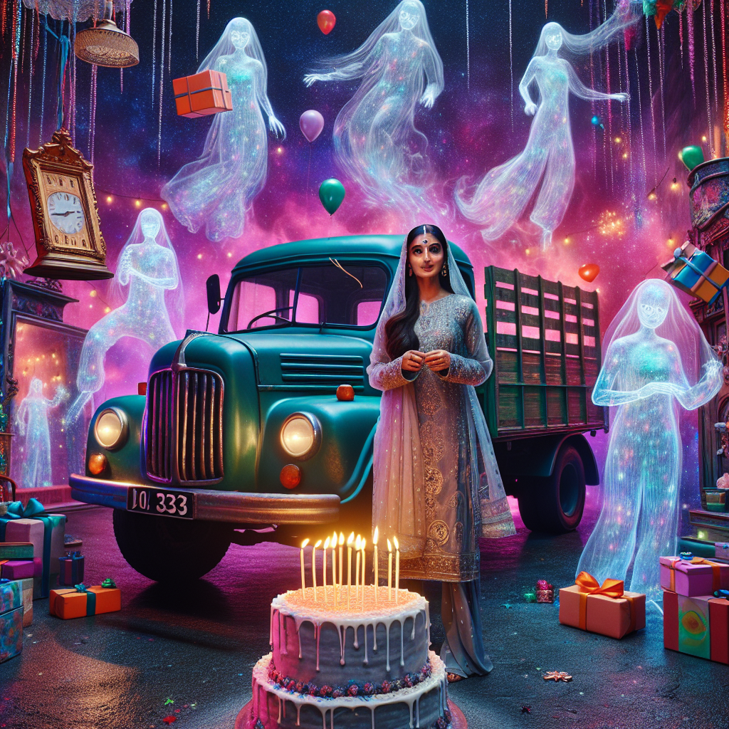 An otherworldly celebration takes place, where a South Asian sister stands next to a vintage lorry, the vehicle has been whimsically converted into a mobile birthday venue. The atmosphere is filled with surreal colors creating an ethereal backdrop. Transparent spectral beings can be seen, floating around with gifts and decorations on hand. A large cake levitates in a mystic manner in front of them, its candles flicker with an eerie glow, adding an aura of enchantment to the bizarre yet jolly festivity.
Generated with these themes: Sister, Lorry, and Ghost.
Made with ❤️ by AI.