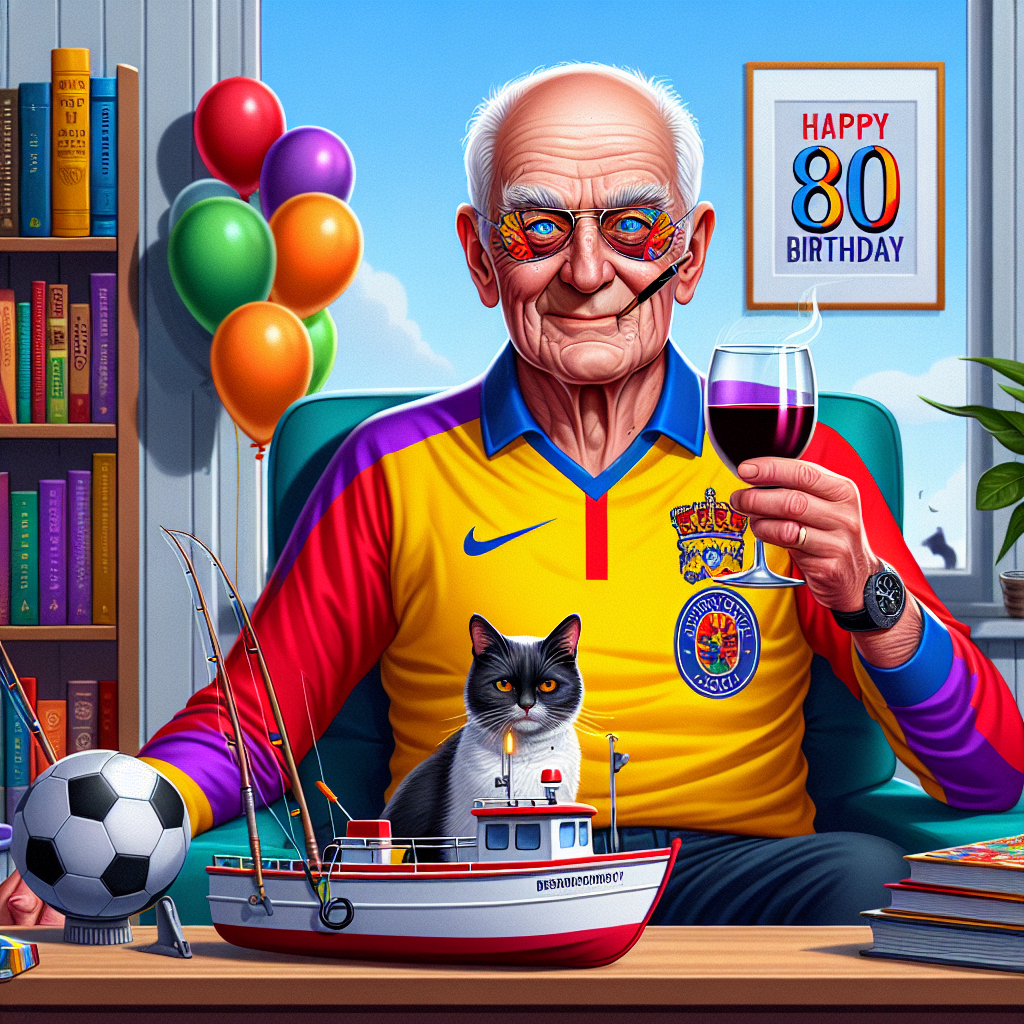 Create a comedic image for a birthday celebration. The main character is a bald, elderly Caucasian man adorned with vibrant blue eyes, marking his 80th birthday. This gentleman is renowned for his artistic abilities and a fervent fan of rock music, jubilantly positioned on a compact fishing vessel, a glass of red wine held in enjoyment. He is dressed in a vibrant sports shirt symbolizing his affection for soccer. The background of the illustration presents a bookshelf populated with various books, indicating his profound love for literature. A tuxedo cat is leisurely relaxing in proximity, introducing an element of enchantment to the tableau.
Generated with these themes: Bald old white man, Blue eyes, Red wine, Fishing boat, 80, Artist, Rock music, Wolverhampton wanderers football , Soccer, Books, and Tuxedo cat.
Made with ❤️ by AI.