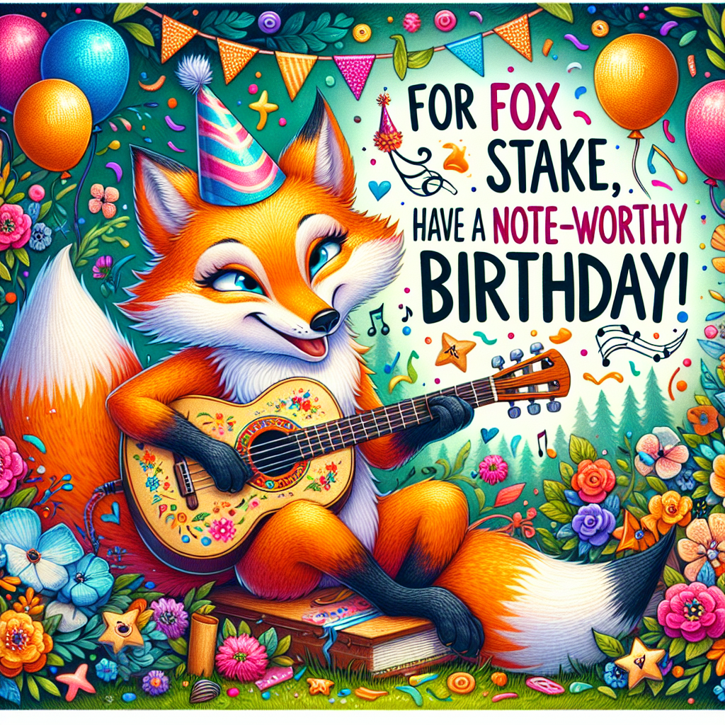 Create an image that showcases a playful and vibrant scene in nature where a whimsical fox is joyfully strumming a guitar. The fox is surrounded by a beautiful explosion of colorful confetti and bright, festive balloons, adding to the theme of celebration. This birthday-themed illustration is full of fun and laughter, and it has puns related to both foxes and music sprinkled throughout, such as 'For fox sake, have a note-worthy birthday!', bringing a dash of humor to the table.
Generated with these themes: Puns, Foxes, and Music.
Made with ❤️ by AI.