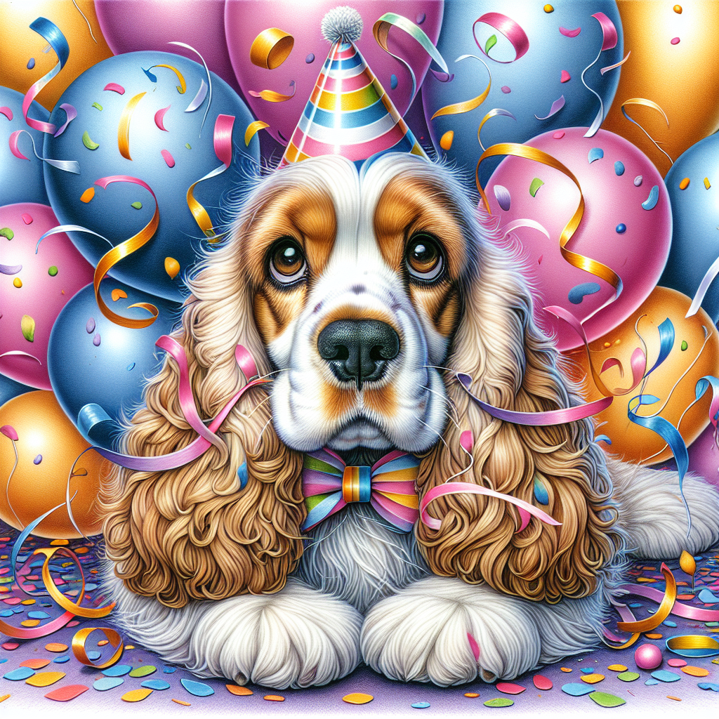 An enchanting illustration unfolds centered around an endearing English Cocker Spaniel partaking in a birthday bash. The dog, adorned in a pure white and tan coat with soulful brown eyes, resides amidst exuberant balloons and a whirlwind of multicolored confetti. A playful party hat rests energetically on its head, accompanied by a harmonizing festive collar around its neck, both of which amplify the celebratory ambiance of the event.
.
Made with ❤️ by AI.
