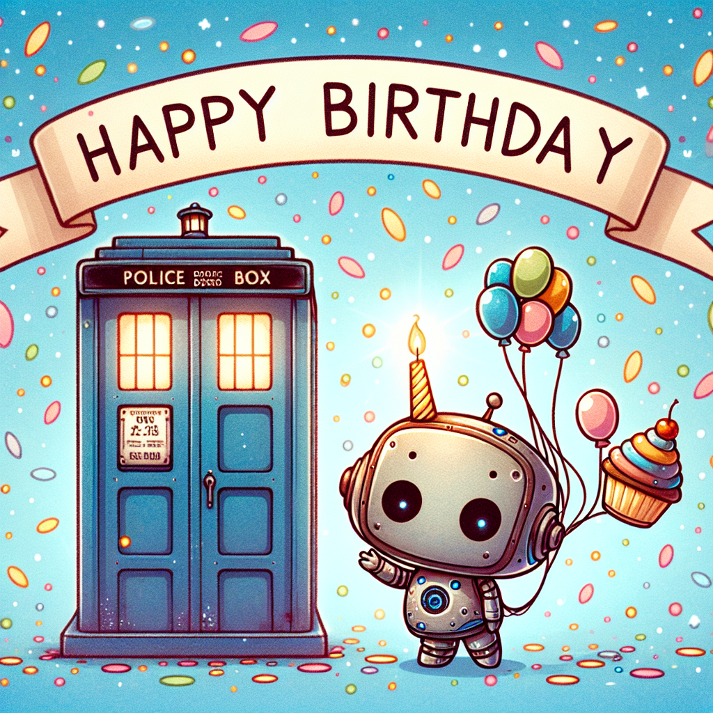 A playful birthday illustration. It features an endearing, chibi-style, small robot with tiny balloons attached to its exterior. There's an iconic blue retro British police box in the background amid a vibrant confetti-filled sky. Above it, there's a gentle banner reading 'Happy Birthday' in a wavy typeface similar to a popular sci-fi style. The foreground presents a child-like character, hinting at a sense of timeliness and wisdom, extending a birthday cupcake with a solitary candle emitting a soft glow.
Generated with these themes: Dalek, Dr who, and Tardis.
Made with ❤️ by AI.