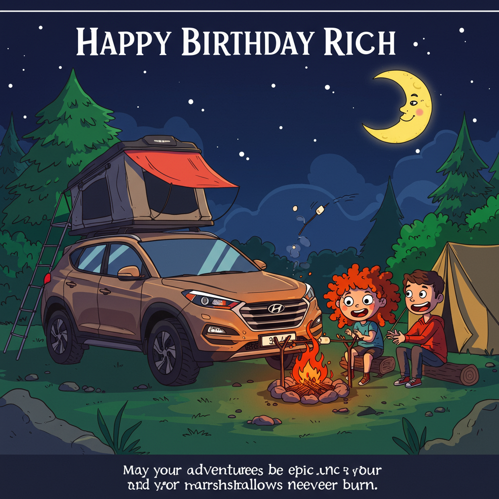 Roof tent , Hyundai tucson, Ginger girl , Brunette man , Campfire , and Birthday Card