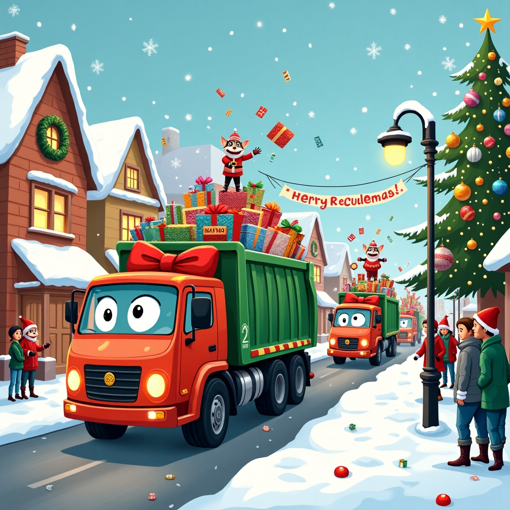 In the bustling, snow-covered heart of a whimsical town, a festive Christmas scene unfolds where the spirit of recycling meets holiday cheer. The backdrop features charming, snow-draped houses twinkling with colorful Christmas lights, their rooftops adorned with comically large wreaths. In the foreground, a parade of animated, cheerful garbage trucks roll through the street, each painted in bright, eye-catching colors, like red, green, and gold. These trucks are personified with big, friendly cartoon eyes on their windshields and Santa hats perched jauntily atop their cabs.

Leading the procession is a particularly jolly truck, its body wrapped like a present with a giant red bow. Its cargo bed is brimming with recyclable materials transformed into quirky Christmas decorations—aluminum cans reimagined as shiny baubles, plastic bottles shaped into glowing icicles, and old newspapers folded into festive origami ornaments. Riding atop the truck is a group of joyful elves, dressed in patchwork outfits made from recycled fabric, tossing eco-friendly confetti made of recycled paper into the air. 

In the distance, a large, festive recycling bin, painted like a gingerbread house, stands proudly on the sidewalk, overflowing with beautifully wrapped gifts labeled "To Planet Earth." Next to it, a mischievous raccoon wearing a Santa beard is sneakily adding a tin can ornament to the town's central Christmas tree—a towering evergreen festooned with a patchwork of recycled decorations. Above, a banner strung between two lamp posts reads "Merry Recyclemas!" in playful, candy-cane-striped lettering. 

This scene is bustling with life, with townsfolk of all ages lining the street, clad in cozy winter attire, waving happily at the parade and holding steaming cups of cocoa. Snowflakes twirl gently down from a cloud-dappled sky, each one unique like the recycled treasures below. It's a vibrant celebration of creativity, community, and caring for our planet, all wrapped up in the joyous package of the holiday season.
Generated with these themes: Recycling and Garbage trucks.
Made with ❤️ by AI.