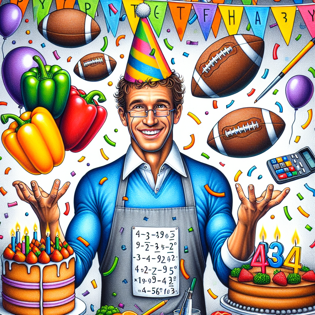 Illustrate an image encompassing vibrantly hued drawings with a joyous birthday party theme. The picture should show a humorous Caucasian male chef in a birthday cap showcasing his juggling talent with random items such as vibrant bell peppers, brown footballs, and grey calculators representing the fusion of culinary art, sports, and mathematics. In the background, there's a sweet aroma from a newly oven-fresh cake, and confetti made of mathematical numbers and footballs suspended in mid-air decorating the ambiance. Accentuate the comedic educational aspect of the artwork by embellishing his apron with mathematical symbol cutouts.
Generated with these themes: Cooking, Maths, and Football.
Made with ❤️ by AI.