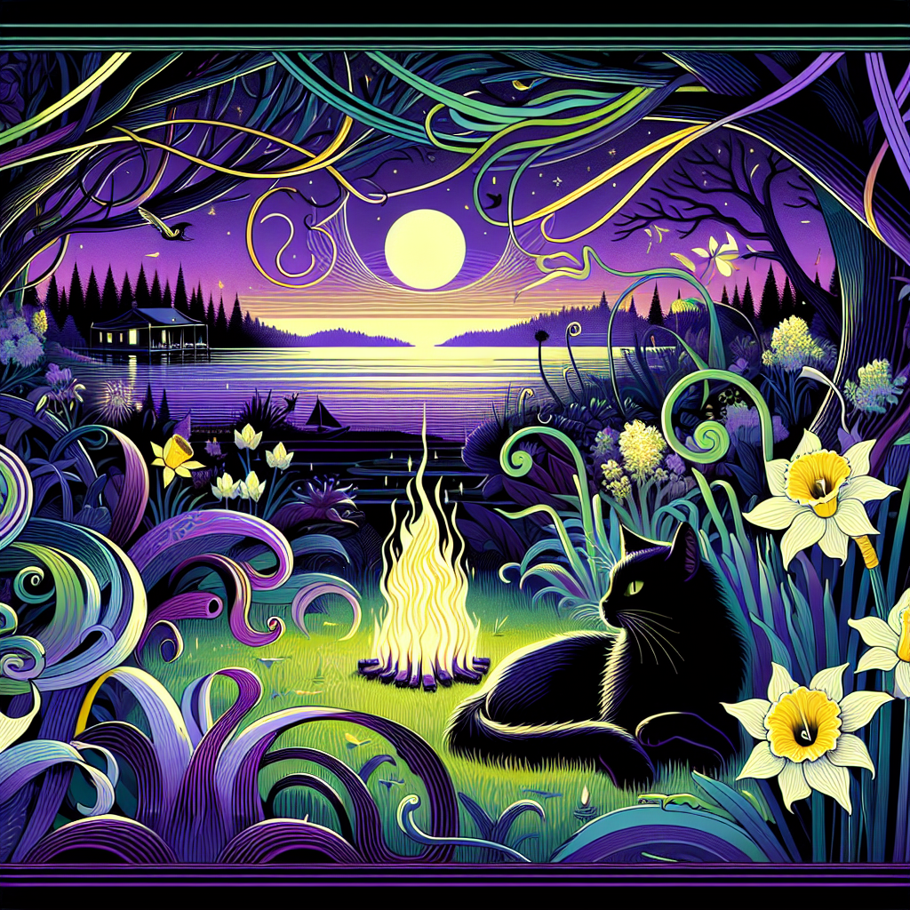 Capture an image of a surreal, vector-style landscape at dusk, dominated by hues of purple and green. Illustrate a celebration happening, characterized by an intriguing black cat lounging near a fire which exudes an otherworldly energy. Show how this fire illuminates the surrounding vegetation, twisting the plants into fantastical shapes and casting mysterious shadows. Include ethereal yellow daffodils that appear as vibrant symbols of vitality in this mystical setting. The background should feature the calm expanse of the sea stretching into the distance, its tranquility offsetting the enigma of the scene. This image signifies a unique birthday theme embodying a fusion of nature and fantasy.
Generated with these themes: Black Cat, Purple, Green, Plants, Daffodil, Open fire, and The sea.
Made with ❤️ by AI.