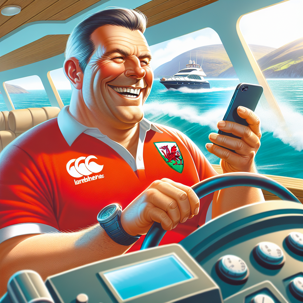 Create a comedic illustration dedicated to a birthday celebration. The scene involves a cheerful, smooth-skinned 60-year-old Caucasian man with a fuller physique. He is wearing a bright red rugby shirt symbolizing Wales. The man, with a wide smile on his face, is busily piloting a luxurious yacht across crystal-clear waters. His attention is amusingly captured by the illuminated screen of his smartphone, possibly reviewing birthday messages or orchestrating a festive marine adventure.
Generated with these themes: smooth skin 60 year old fat man wearing a red Wales rugby shirt driving his luxury yacht and looking at his mobile phone.
Made with ❤️ by AI.