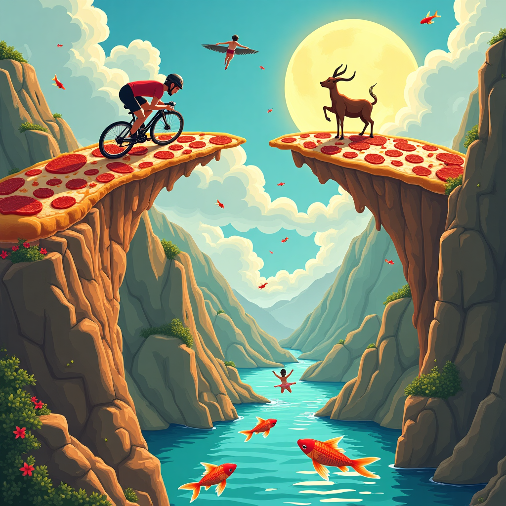 **Image Prompt:**  
*At the top of the illustration image: “Happy Anniversary Mark – You're My Greatest Cliffhanger (with Extra Cheese)!”*

Surreal illustration showing a fantastical landscape where majestic mountains morph into giant slices of gooey pizza, and a yoga-practicing goat balances effortlessly on a floating pepperoni disc. In the foreground, Mark is illustrated cycling up a spiral road that wraps around a boulder shaped like a heart-shaped chocolate, wearing a helmet made from a Fall Out Boy vinyl record.  

A motorbike soars off a rocky ramp, its rider mid-air doing a lotus pose, trailing sparkles that turn into swimming goldfish mid-flight. Below, a crystalline lake swirls into the sky, where couples in swimwear backstroke through the clouds. Towering cliff faces show boulderers dangling joyfully, their handholds turning into melted truffle chunks. Fall leaves made of crumpled concert tickets flutter around them like confetti.

A full moon made of mozzarella smiles down on this swirling chaos of romance and hobbies—delicious, dynamic, and undeniably dreamy.
Generated with these themes: Mountains, Cycling, Yoga, Pizza, Motorbikes, Swimming, Bouldering , Chocolate, Fall Out Boy, and .
Made with ❤️ by AI.
