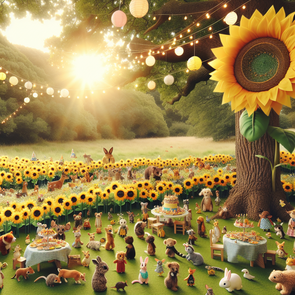 A beautifully tranquil scenery in the great outdoors, replete with an assortment of tiny animals congregating around a predominant sunflower in full bloom, which towers over a serene, lush meadow. This sunflower holds a special significance, doubling as an enthralling canvas bearing a lighthearted painting flaunting numerous birthday-themed symbols. Festoon lights and whimsical paper lanterns are tastefully hung from neighboring trees, casting a soft, radiant glow and building upon the jubilant mood of this charming animal birthday party held under the open sky.
Generated with these themes: Sunflower , Painting , and Outdoors .
Made with ❤️ by AI.