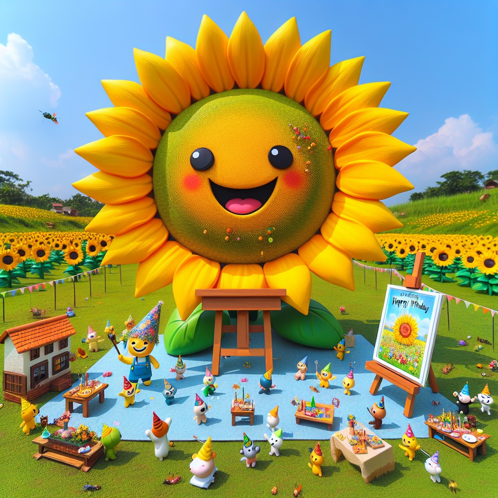 Display a cheery birthday celebration taking place in an open air setting under the clear blue sky. In the center of this outdoor party, depict a large and sunny sunflower. The radiant, yellow petals of the sunflower seem to beam like rays of sunshine. This sunflower also has a dual function as an easel, displaying a colorful, lively painting. Among the lush, green grass surrounding the sunflower, tiny creatures such as insects and small mammals are seen participating in the festivities. Their tiny party hats and the vibrant decorations scattered around the field add to the jovial milieu.
Generated with these themes: Sunflower , Painting , and Outdoors .
Made with ❤️ by AI.