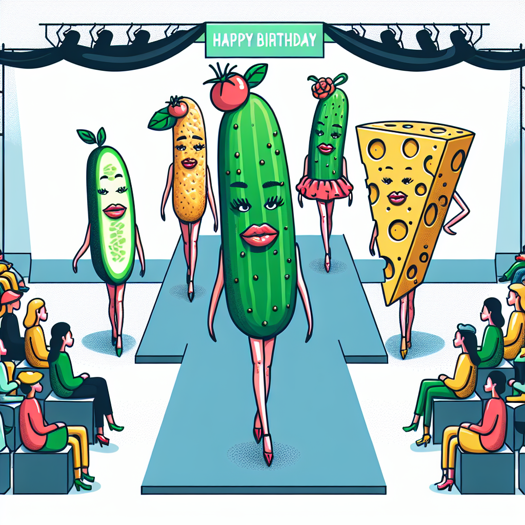 Vector image of an abstract fashion catwalk where the models are stylized representations of cucumbers and cheese crackers, all this under a giant banner saying 'Happy Birthday' while avid runners cheer on from the audience.
Generated with these interests: Running, Cucumbers & Cheese Crackers, and Fashion.
Made with ❤️ by AI.