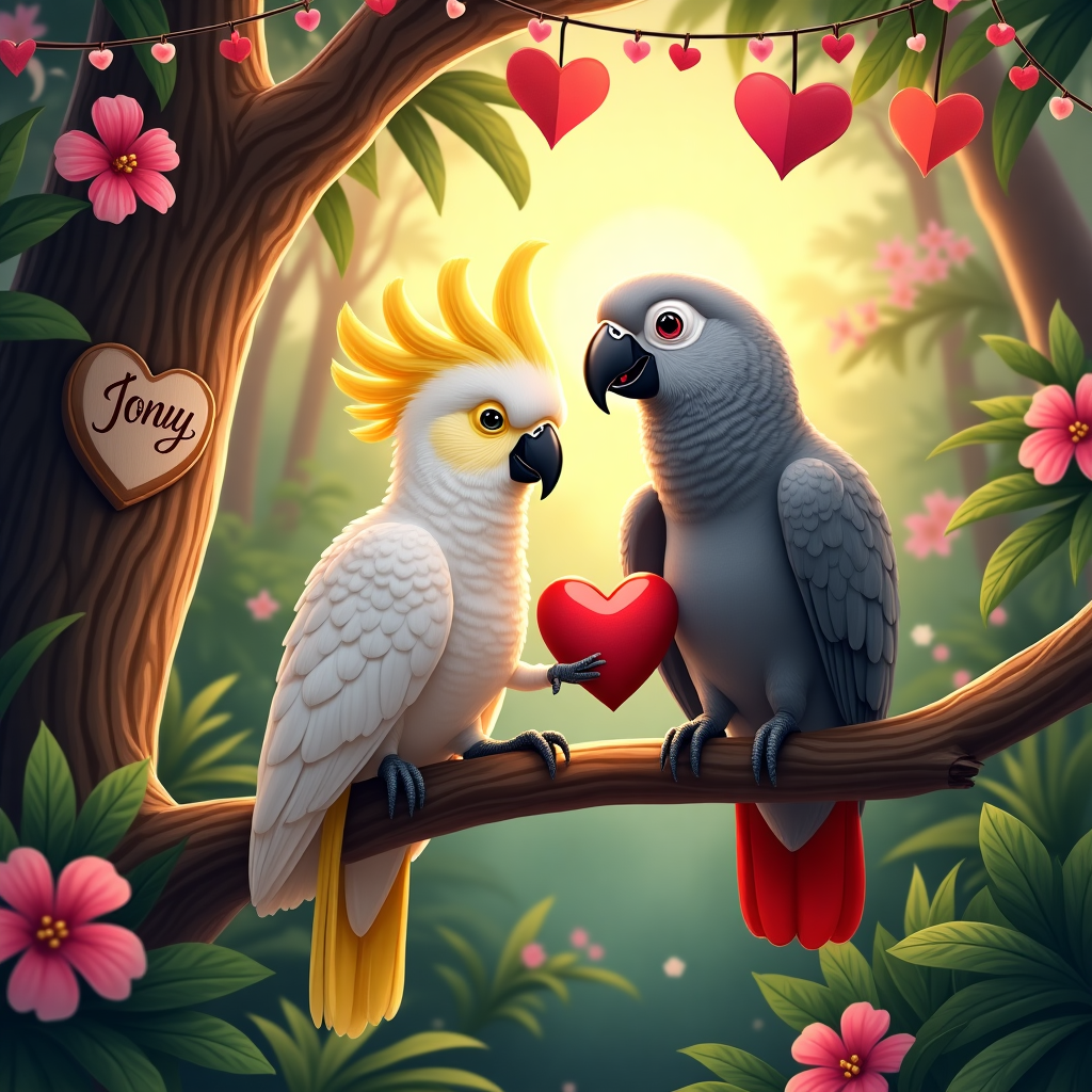 **Front Cover Design Description:**

**Scene Setting:**

The scene takes place in a lush, vibrant jungle clearing on a sun-drenched Valentine's Day afternoon. The backdrop is a dense array of verdant green foliage and tall tropical trees, their leaves rustling gently. Splashes of color from exotic flowers like hibiscus and orchids add pops of reds, pinks, and yellows, enhancing the romantic theme.

**Main Characters:**

In the foreground, a Citron-crested Cockatoo and an African Grey Parrot are perched side by side on a thick, sturdy tree branch. The Cockatoo, with its pale lemon-yellow crest and crisp white feathers, is slightly turned towards the viewer, its expressive eyes catching the sunlight. The African Grey, with its smooth grey plumage and striking scarlet tail feathers, sits gracefully, holding a small, heart-shaped, red fruit in its claws.

**Valentine's Day Elements:**

Above the birds, delicately hanging from the branches, are garlands made of tiny heart-shaped leaves, alternating in colors of pink and crimson. Nestled among these decorations are small, shimmering fairy lights, adding a festive twinkle to the scene.

**Creative Text Element:**

To the left of the birds, on a tree trunk, a heart shape is carved into the bark. Inside the heart, in an elegant script, is the name "Tony." The letters are etched deeply, and the heart is filled with vibrant red paint, making it pop against the natural wood tones.

**Additional Details:**

A soft breeze seems to animate the scene, as a couple of loose feathers from the Cockatoo gently drift through the air. Near the base of the tree, a small pile of pastel-colored seeds is scattered, hinting at a recent avian feast. The sky above is a gradient of warm oranges and purples, suggesting the onset of a romantic tropical sunset.

This image, with its rich detail and vivid colors, provides a lifelike portrayal of a Valentine's Day moment shared by these charming birds, with the subtle touch of "Tony" adding a personal, yet enigmatic element to the scene.
Generated with these themes: Citron cressted cockatoo, and African grey.
Made with ❤️ by AI.