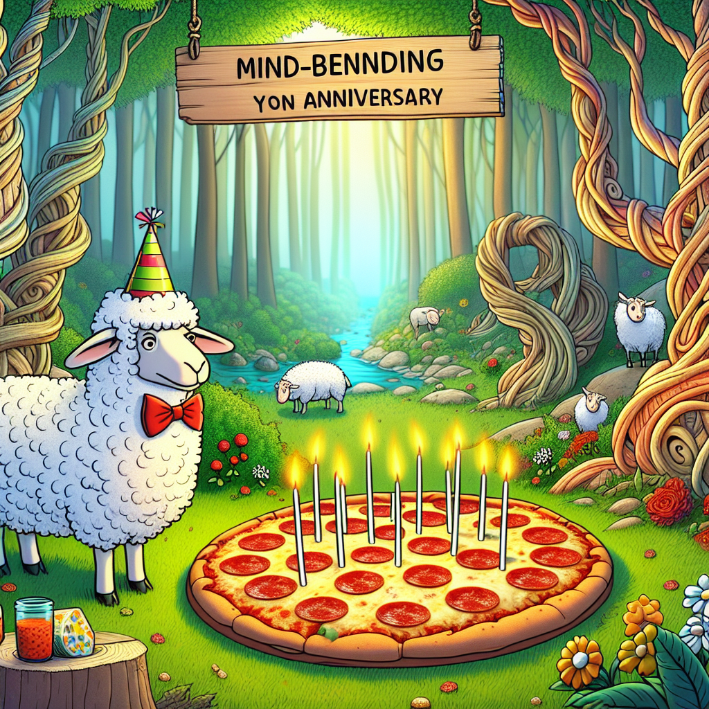 Craft a mind-bending cartoon that is an ode to an anniversary. This takes place within a whimsical clearing enveloped by dense greenery. Here resides a talking sheep, adorned in a stylish bow tie and a festive party hat, standing adjacent to an oversized pepperoni pizza decorated with flaming candles symbolizing the number of blissful years spent together. This area is engulfed by trees that defy physics by contorting into improbable figures, and flowers that express their delight through melodic love ballads, epitomizing the charm of nature juxtaposed with the euphoria of celebrations.
Generated with these themes: Pizza, Sheep, and Nature.
Made with ❤️ by AI.