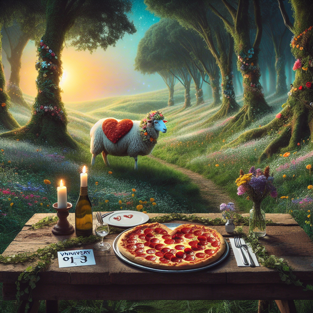 Visualize a whimsical scene in the middle of a magical forest. An anniversary is being celebrated in an atypical, yet heartwarming way. A rustic wooden table is the centerpiece with a heart-patterned pepperoni pizza displayed prominently upon it. A garland-bedsprinkled sheep, adorned with various vivid wildflowers, is seen in the nearby field, calmly grazing. The overhead canopy of the enchanted forest moves in a rhythmic manner, setting a tranquil environment. Adding onto the serene beauty, the dwindling sun in the background sheds its warm glow, unifying the peacefulness of nature with a quirky festive mood.
Generated with these themes: Pizza, Sheep, and Nature.
Made with ❤️ by AI.