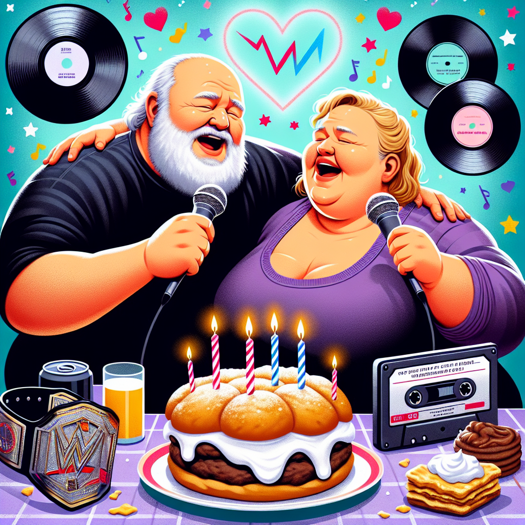 A heartwarming birthday-themed illustration featuring a stout Caucasian man with a white beard and a full-figured Caucasian woman. They share a joyous moment singing together. Between them, a representation of a digital heart symbolizes their connection that transcends the physical realm. Surrounding them are emblematic items of 90's music, cassette tapes and vinyl records. Wrestling belts add an interesting element to the scene's border, while an inviting dish filled with biscuits and gravy occupies the foreground as a delightful addition. In the background, a subtle reference to a popular fast food chain enhances the sense of familiarity, contributing to the festive atmosphere of the scene.
Generated with these themes: Chubby white bearded guy singing , Chubby white woman singing , Online Love, Wrestling belts , 90’s music, Biscuits and gravy , and McDonalds .
Made with ❤️ by AI.