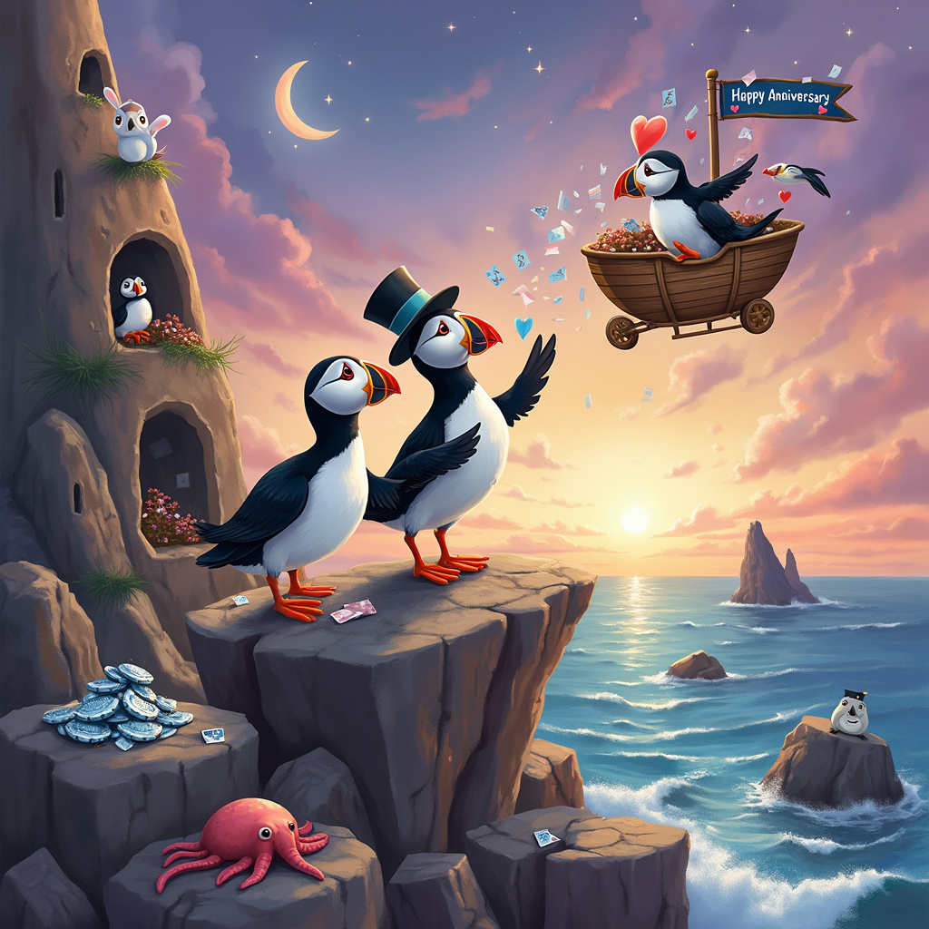 The scene opens on a rugged, rocky seaside cliff under a twilight sky filled with a watercolor palette of purples, pinks, and oranges. On one of the larger rocks, a pair of puffins are the stars of the show. These aren't just any puffins, though; they are decked out in magician attire. The male puffin, with a tiny top hat perched precariously on his head and a small, comically oversized magician's wand clutched in his wing, is standing on his toes, performing an elaborate card trick. Cards are scattered in the air, fluttering around like confetti.

The female puffin, sporting a whimsical feathered fascinator, watches in amazement. Her beak is open in delighted surprise, her wings raised halfway as if she's about to applaud. Between them on the rock, a small stack of magic cards rests, with the top card glowing slightly, indicating its magical properties.

In the background, another puffin couple is peeking out from a burrow carved into the cliff, their eyes wide with amusement and curiosity. A nearby fish cart, with a small banner reading "Happy Anniversary," is parked next to the rock, brimming with shimmering fish arranged in the shape of a heart. Above them, a whimsical airship with a banner that reads "Happy Anniversary" in colorful letters floats by, driven by a comical seagull pilot who seems to be tipping his aviator goggles in acknowledgment of the celebration below.

In the sky, stars begin to twinkle, and a crescent moon provides a gentle glow, casting soft shadows on the scene. Scattered around the main rock are props like a magician's hat, a silk handkerchief half-pulled from the hat, and a tiny rabbit peeking out, adding to the magic-themed scene. A few whimsical sea creatures, like a curious octopus and a grinning seal, observe the spectacle from the water below.

Every detail in the scene contributes to the festive, magical atmosphere, making it clear that this is a celebration of love and enchantment, captured in a beautifully quirky, cartoonish style reminiscent of the greats like Schulz, Watterson, and Larson.
Generated with these themes: Puffins, and Card magic.
Made with ❤️ by AI.