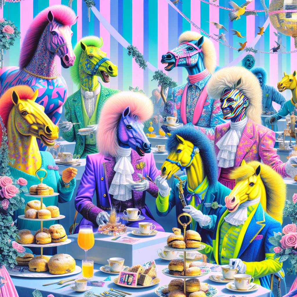 A Surreal Realistic birthday festivities furled into life with imaginative, unique, horse-like creatures joyfully frolicking around in a fantastically reconsidered Vienna. The fanciful horse-like creatures mingle with guests bearing an uncanny resemblance to three iconic female pop idols, all arrayed in eye-catching neon and pastel 80s fashion. The melodic sound of new wave hits fills the air, as attendees are delighted by an opulent spread of English tea and fresh scones, serving as a sophisticated contrast to the vibrant, dream-like atmosphere.
Generated with these themes: My little pony, Madonna, Adele, Britney Spears, 80ies fashion, English tea, Scones, and Vienna.
Made with ❤️ by AI.