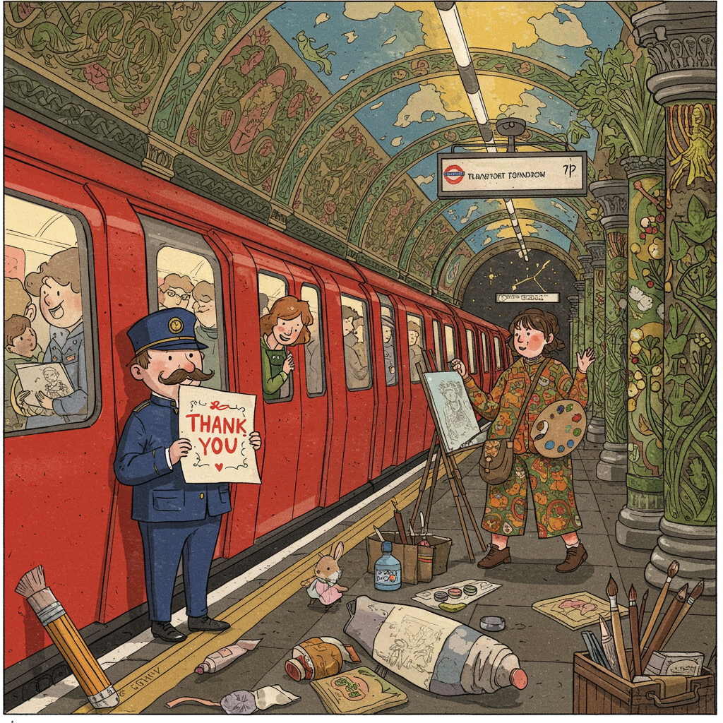 **Front Cover Illustration Description:**

**Scene Overview:**  
Imagine a bustling, whimsical underground scene, set in a fantastical version of a London Underground station, where the walls and ceilings are covered with intricately detailed art reminiscent of a classical gallery.

**Central Characters:**  
- **A Jolly Train Conductor:** Standing on the platform, this character is an expressive, hand-drawn figure in a charming conductor’s outfit, complete with a traditional hat and a handlebar mustache. He's enthusiastically holding out a large, artistically crafted "Thank You" card. His uniform is a deep, classic navy blue with bright red piping.

- **Passenger with an Artist’s Flair:** Leaning out from a train carriage, an artfully dressed passenger waves in appreciation. This character sports an outfit with bold, quirky patterns in rich, earthy tones. A satchel over their shoulder spills out sketchbooks and brushes, hinting at their artistic nature.

**Background Elements:**  
- **The Train:** A vivid red Transport for London train, drawn with a touch of whimsy. The windows are ornately framed, giving a nod to Edwardian elegance, and are filled with passengers in exaggerated poses, each holding mini canvases and brushes, suggesting a traveling artist's haven.

- **Station Architecture:** The station’s walls and columns are adorned with elaborate, hand-drawn murals in the style of Aubrey Beardsley, featuring swirling vines and mythical creatures. The ceiling, reminiscent of Maxfield Parrish's works, displays an azure sky with fluffy, golden clouds, as if the station opens up to another world.

- **Platform Details:** Scattered about the platform are oversized art supplies—giant pencils, paint tubes, and palettes, humorously integrating into the scene. A couple of Beatrix Potter-inspired animals—perhaps a rabbit in a little waistcoat and a hedgehog with tiny spectacles—peek from behind a column, observing the scene.

**Color Palette:**  
- **Warm Tones:** Rich burgundies and golden yellows dominate, giving the station a cozy, inviting feel.
- **Accents:** Splashes of bright blues and greens accentuate the artwork on the walls and the train, adding vibrancy and life.
- **Textural Details:** The platform tiles are a patterned mosaic of earthy browns and creams, with an intricate border in a deep teal, reminiscent of Victorian station tiling.

This playful and imaginative scene combines the hustle of London's iconic transit system with the charm and creativity of a living art exhibit, creating a unique and visually captivating thank you greeting card.
Generated with these themes: Transport for London trains , and Art .
Made with ❤️ by AI.
