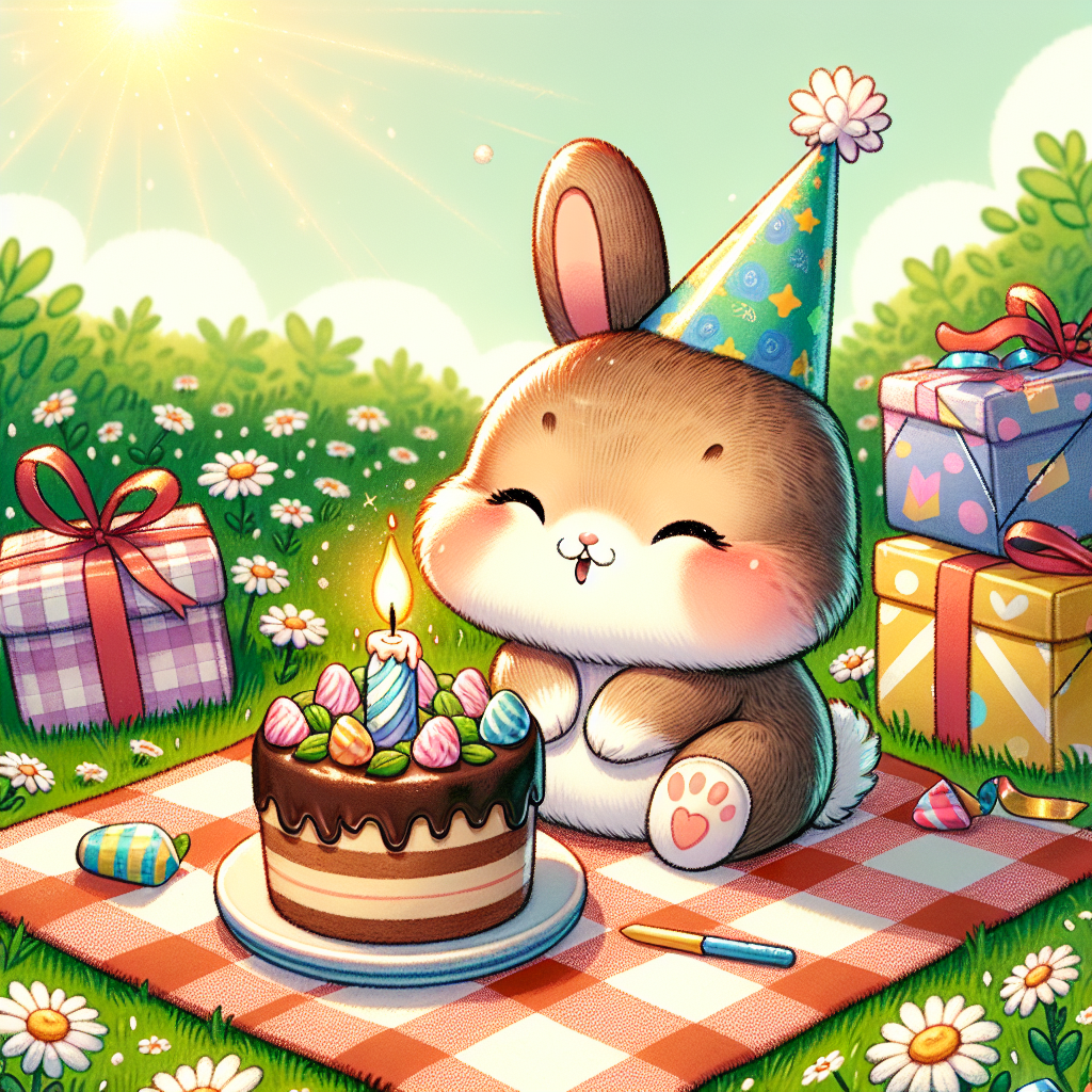 Immerse yourself in an illustration of a small, endearing bunny with its cheeks puffed out, blowing out a single flame of a candle that sits atop a petite chocolate cake. The setting is a lush, green field dotted with dainty daisies. A checkered picnic blanket is laid out carefully on the grass, atop it rest cheerfully wrapped presents enhancing the celebratory vibe. Party hats in various fun colors add a playful touch to the scene. Overarching this delightful scene is nothing but a radiant sun in a clear sky, casting a warm ethereal glow over the birthday celebration.
Generated with these themes: Cake.
Made with ❤️ by AI.