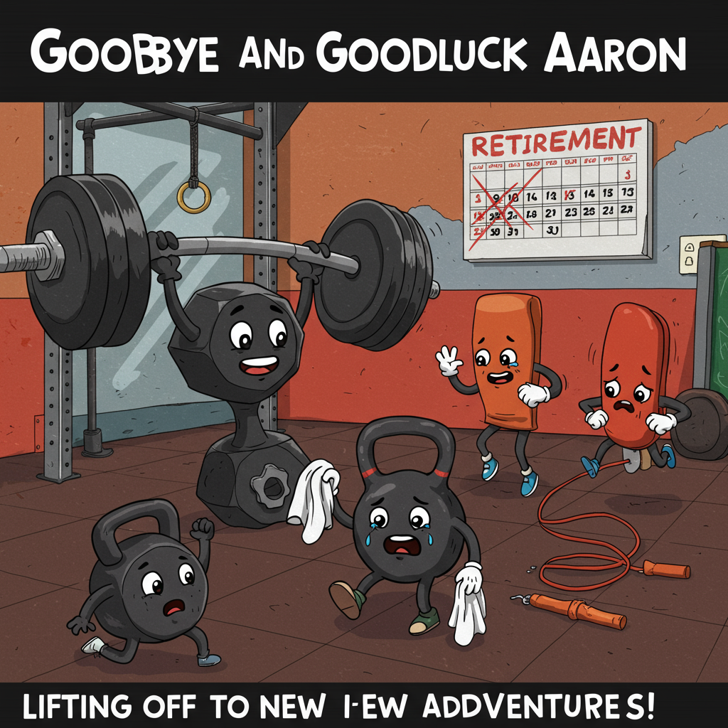 At the top of the Cartoon Style image, write "Goodbye and Goodluck Aaron" in bold, cheerful letters.

**Image Description:**

Imagine a quirky cartoon gym scene with a bunch of anthropomorphic weights and gym equipment. A large dumbbell with big googly eyes and a mischievous smile is trying to lift a barbell that’s comically larger than itself. Nearby, a kettlebell with a tiny top hat waves a handkerchief dramatically, pretending to cry as if bidding farewell. In the corner, a skipping rope with arms is jumping excitedly, its "face" looking both sad and happy. In the background, a whimsical calendar on the wall shows the days being crossed out, with the word “Retirement” written in big, celebratory letters. 

Add a cheeky caption under the image: "Lifting Off to New Adventures!"
Generated with these themes: Weights, and .
Made with ❤️ by AI.