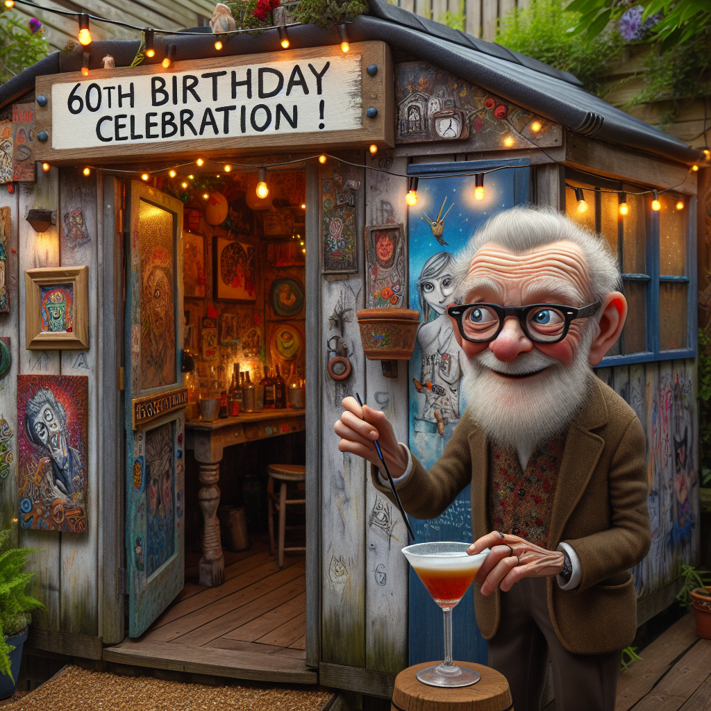 Depict a charming image centered around a small art cabin, where an expressive, elderly character with a sparkle in his eye is preparing a classic cocktail drink for his 60th birthday celebration. The cabin is adorned with festive decorations suitable for the anniversary, with strings of lights casting a gentle radiance over the hand-painted murals and unconventional artwork that punctuate the timber exterior. An overhead sign, written by hand, proclaims '60th Birthday Celebration!' while the welcoming open entrance reveals a lively party inside.
Generated with these themes: man Karoo negroni art small shack 60th.
Made with ❤️ by AI.