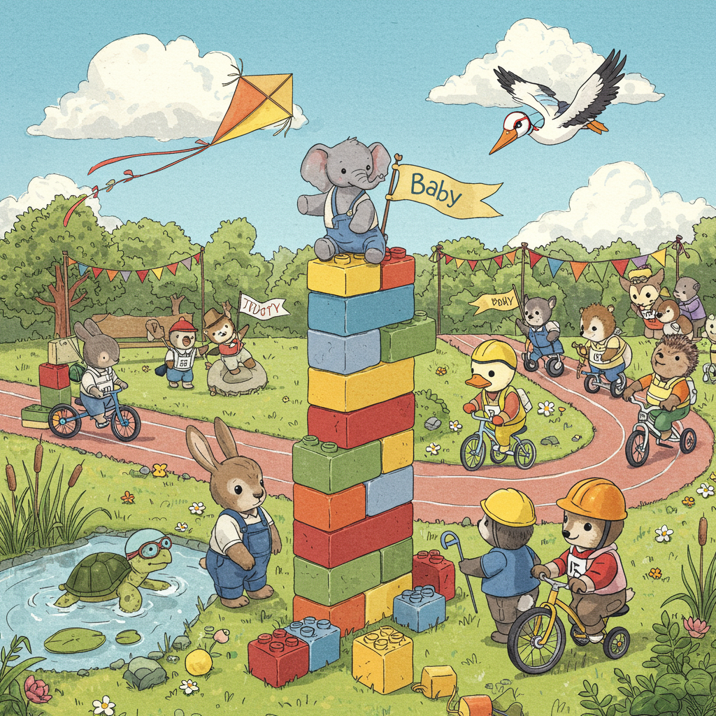 The front cover of the greeting card should feature a whimsical, hand-drawn illustration brimming with detail and creativity. Picture a charming, idyllic park setting under a radiant blue sky with fluffy, cartoonish clouds. The foreground hosts a playful scene: a group of anthropomorphic baby animals, each engaged in a delightful Lego building competition. Picture a clever combination of a rabbit, a bear, and a fox, each adorned with little construction hats crafted from Lego bricks.

In the center of the illustration, a prominent Lego tower stands tall, teetering slightly, with a triumphant baby elephant perched at the top, clutching a flag that reads "Baby" in colorful block letters. The vibrant colors of the Lego bricks – reds, blues, greens, and yellows – catch the eye, contrasting vividly against the gentle pastel tones of the park.

In the background, add a miniature triathlon track where tiny triathlete animal babies are in action. On the left, a baby turtle in a swim cap and goggles glides through a small, clear pond with little floating lily pads and reeds. To the right, a baby duck, adorned with a bicycle helmet, pedals furiously on a tricycle along a winding, grassy path, its wheels kicking up puffs of dust.

Behind the triathlon track, a cheering crowd of more baby animals is gathered, waving flags and banners. Each animal is depicted with distinctive features and attire: a baby owl wearing a striped scarf, a hedgehog with a tiny top hat, and a squirrel juggling acorns.

Overhead, a large, whimsical kite in the shape of a stork soars high in the sky, its tail streaming elegantly behind it, creating a sense of movement and joy. The entire scene is drawn with intricate line work and attention to detail reminiscent of Arthur Rackham and Quentin Blake, while the color palette echoes the rich, storybook hues of Maurice Sendak and Beatrix Potter. The combination of elements, with its expressive characters and vibrant setting, promises a delightful celebration of new life with a humorous twist.
Generated with these themes: Lego building, and Triathlete.
Made with ❤️ by AI.