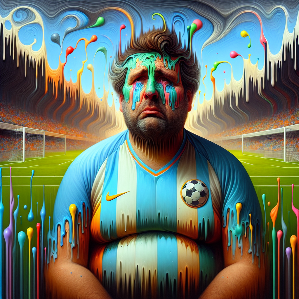 In a Surreal Abstract birthday-themed design, an anonymous middle-aged man, who is 50 years old, rotund, with brown hair and no beard, is depicted wearing unspecified soccer gear. The backdrop is an abstract rendering of an iconic soccer stadium, melting and shifting with colors running as if from an early 20th century surrealist painting. The man's expression is sorrowful, with tears streaming down his cheeks as he confronts the emotion of defeat. This imagery serves as a symbol of fleeting youth and aspirations.
Generated with these themes: Mike Fox, Fat 50 year old white man with no beard, Brown hair, Leeds united, Losing at Wembley , and Crying.
Made with ❤️ by AI.