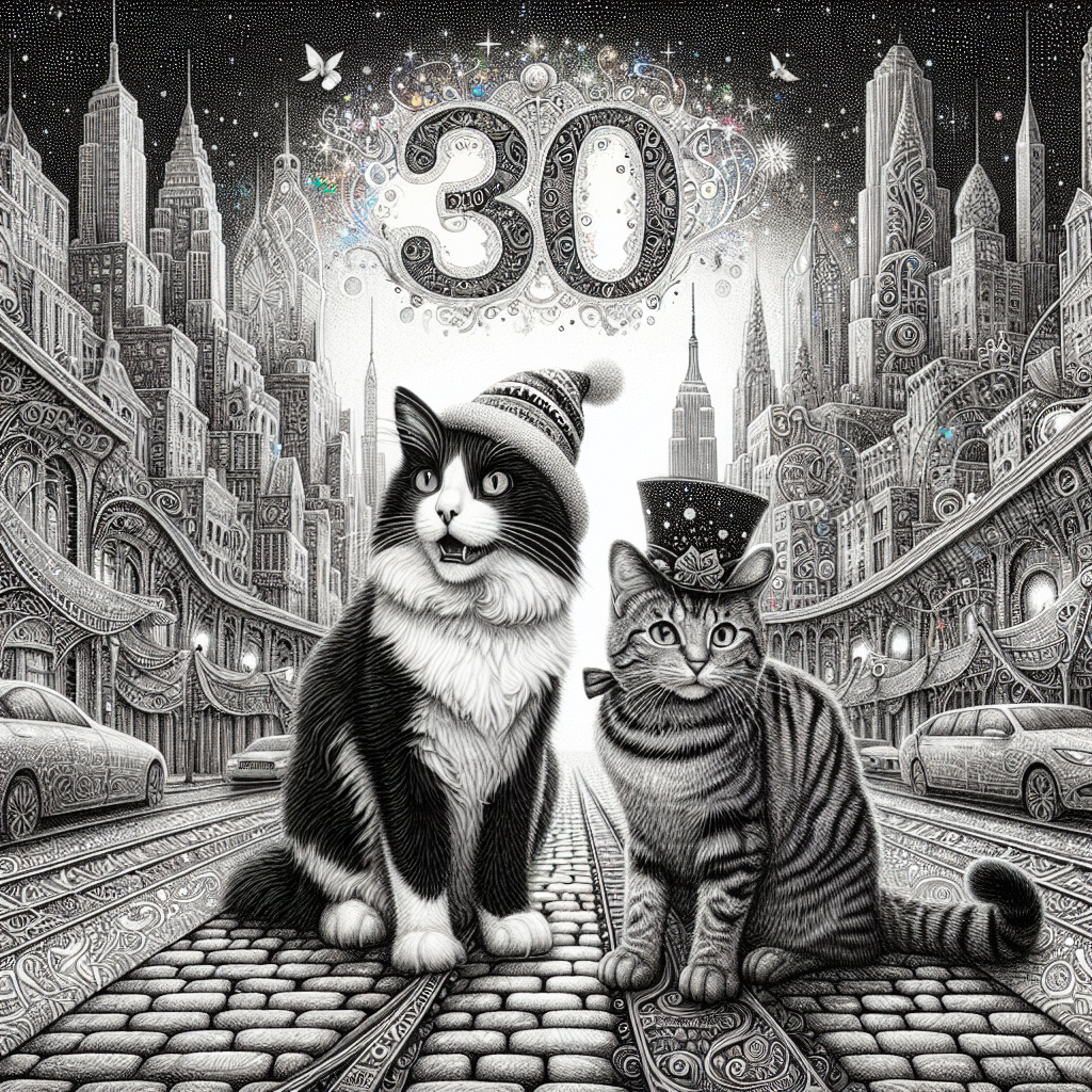 A highly detailed scene featuring a beautifully contrasted black and white cat and a charismatic tabby cat, both wearing delightful festive hats. The backdrop is a meticulously sketched representation of New York City's urban architecture, reinterpreted with a whimsical, fantastical twist, as if it exists in a world of magic, similar to that in popular fantasy literature. This cityscape is against a sprawling sky filled with mesmerizing, sparkling details. The number '30' is artfully depicted, possibly etched into a cobblestone street or woven into an extravagant, magic-themed banner, blending harmoniously into the imaginative composition.
Generated with these themes: Black and white cat, Tabby cat, New york city, Harry potter, and 30.
Made with ❤️ by AI.