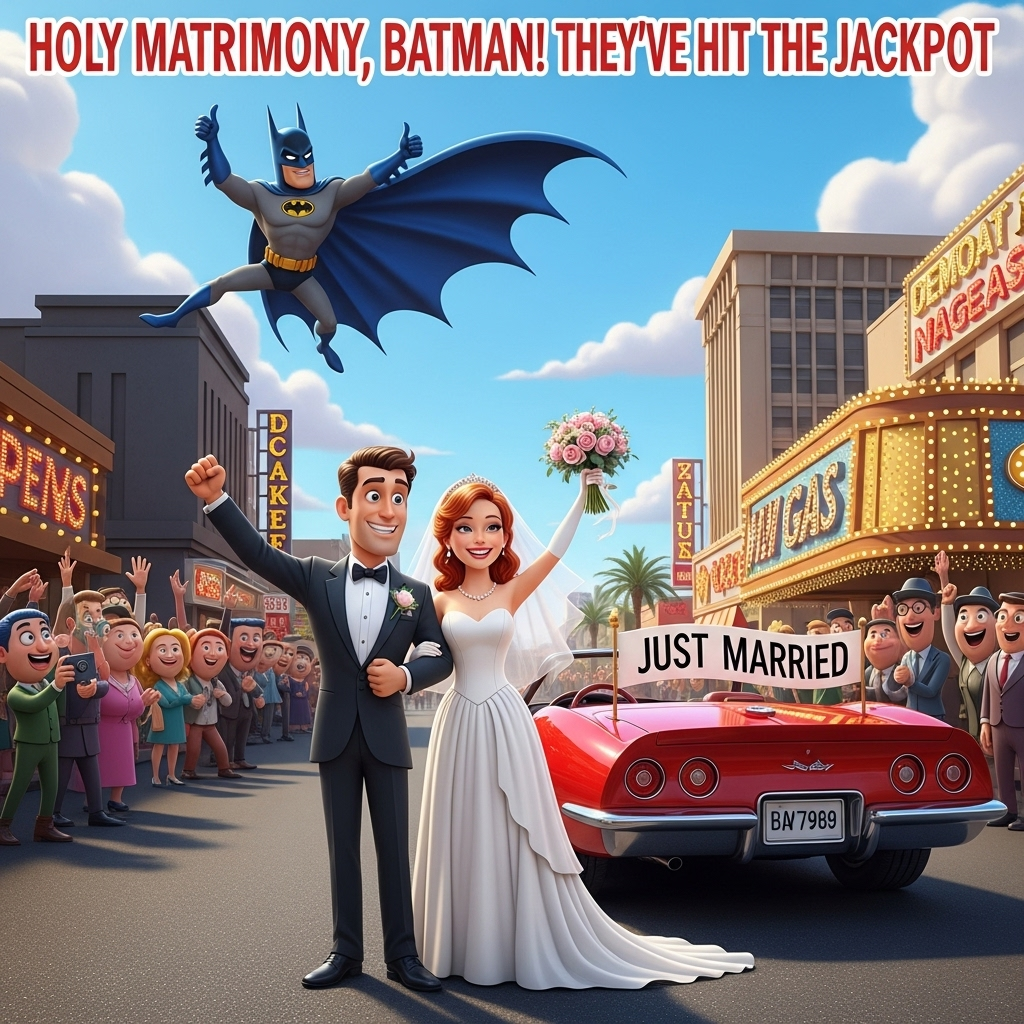 **Image Prompt:**

In a lively, cartoonish Las Vegas strip, a beaming brown-haired man, in a tuxedo, stands arm-in-arm with a radiant red-haired woman in a vibrant wedding dress. They're posing triumphantly in front of a classic, cartoonish red Corvette, which has a "JUST MARRIED" banner fluttering from the back. 

Above them in the sky, a comically over-exaggerated, caped Batman character is seen giving a thumbs-up from a nearby building's rooftop, his cape flapping dramatically in the wind. The scene is bustling with colorful, playful characters all around, some cheering, others snapping photos. 

In bold, quirky letters at the top, it reads: "Holy Matrimony, Batman! They've Hit the Jackpot!"
Generated with these themes: Vegas, brown haired man, red hair woman, corvette, batman, and .
Made with ❤️ by AI.