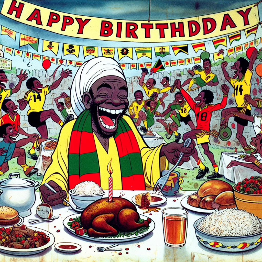 A joyous, humor-filled scene drawn in the style of classic cartoons. The setting is a birthday celebration abundant with delicacies native to Jamaica, such as curried goat, and rice and peas prominently displayed. A jovial cartoon figure with a flowing robe, referencing no specific religious figure, joyfully shares a meal, wearing a scarf of a generic football team. In the backdrop, banners of the same football team ripple in the wind, while a lively crowd of non-specific, animated football players engage in comedic football antics, enhancing the festive atmosphere.
Generated with these themes: Jamacian food, Jesus, and Manchester united.
Made with ❤️ by AI.