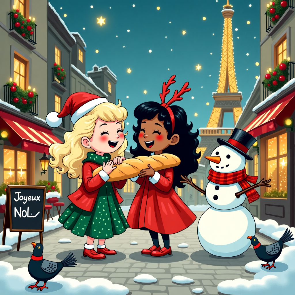 Two party girls one blonde and white and one dark haired and half black in paris Christmas Card